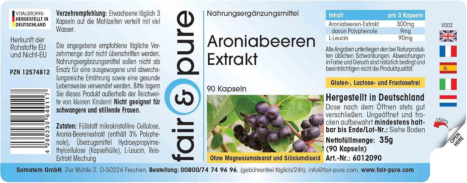 Detalle de Fair & Pure Aroniabeeren Extrakt – 90 Kapseln, standardisiert auf 3 % Polyphenole, vegan, in Deutschland hergestellt