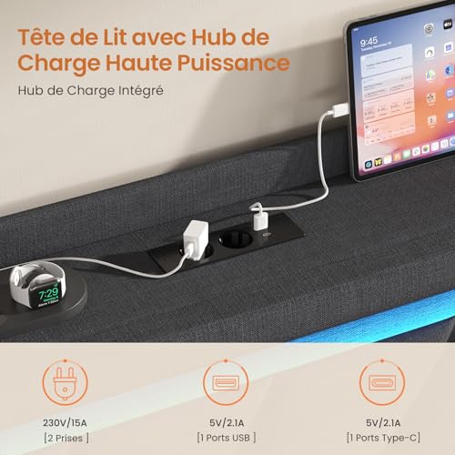 Detalle de KIMENICH Cadre de Lit 140x190 – Lit flottant avec éclairage LED, rangement et station de charge intégrée