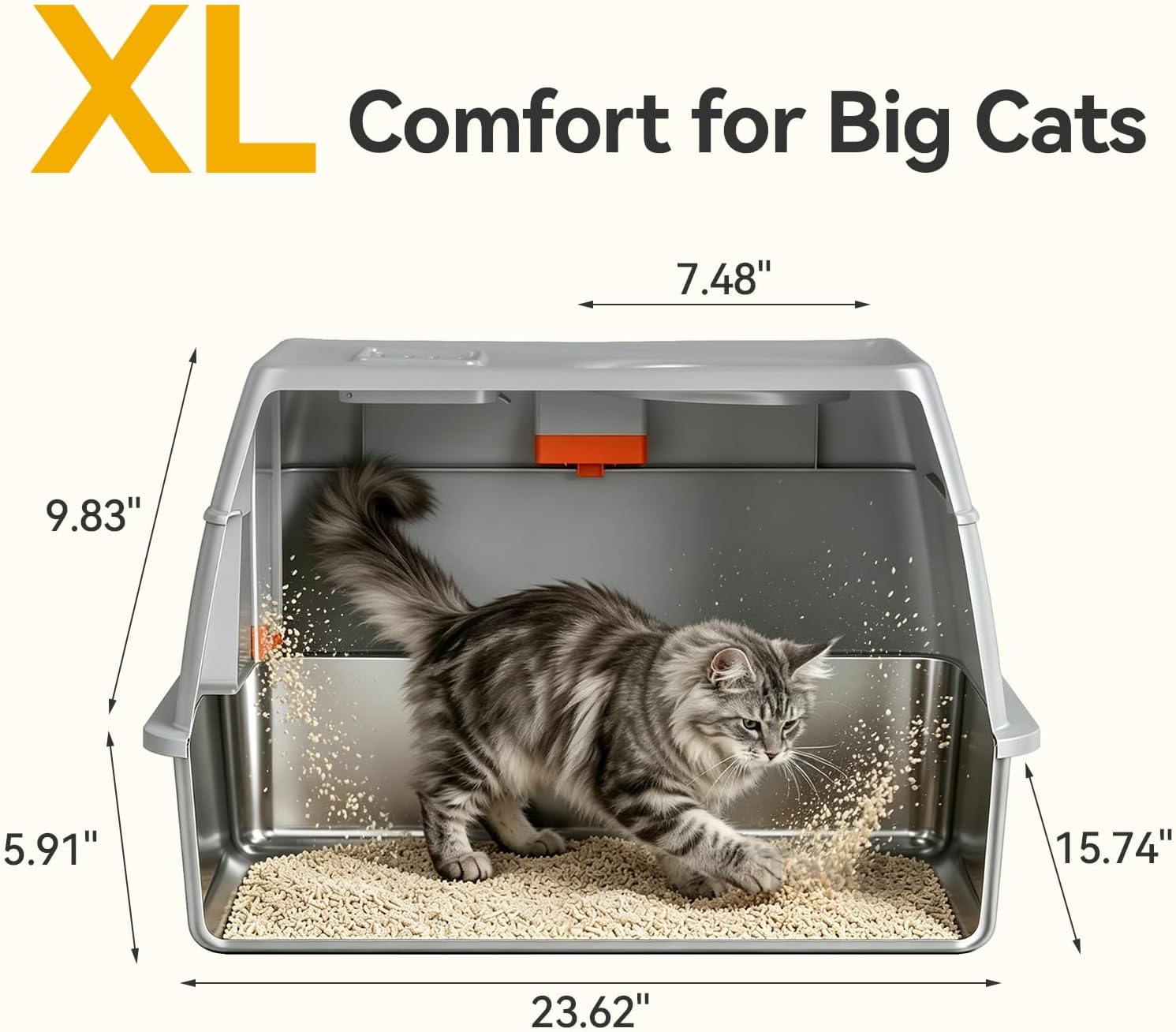 Detalle de Tevila Light Grey-1Pack XL Enclosed Stainless Steel Cat Litter Box