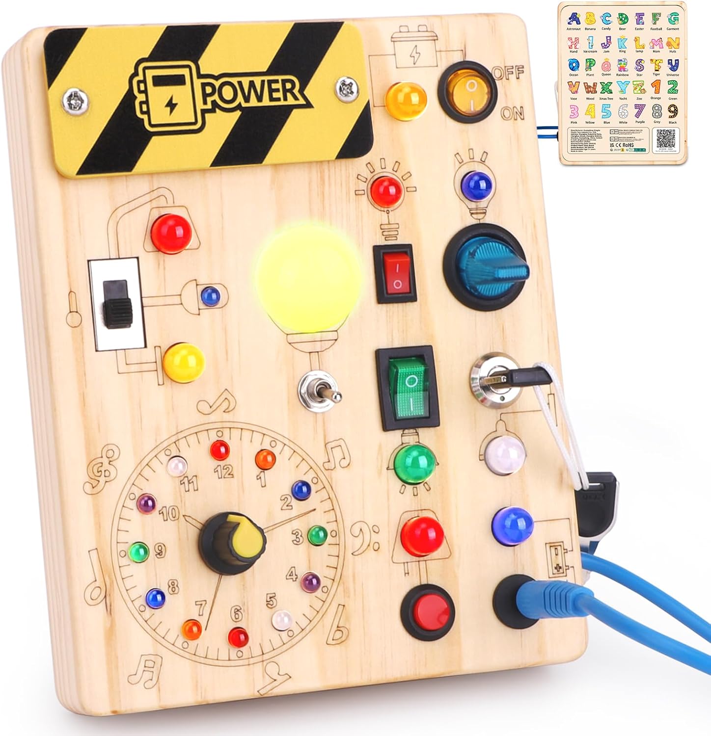 Detalle de Busy Board Montessori Holz – 10 Schalter, 23 LEDs, ab 1 Jahr