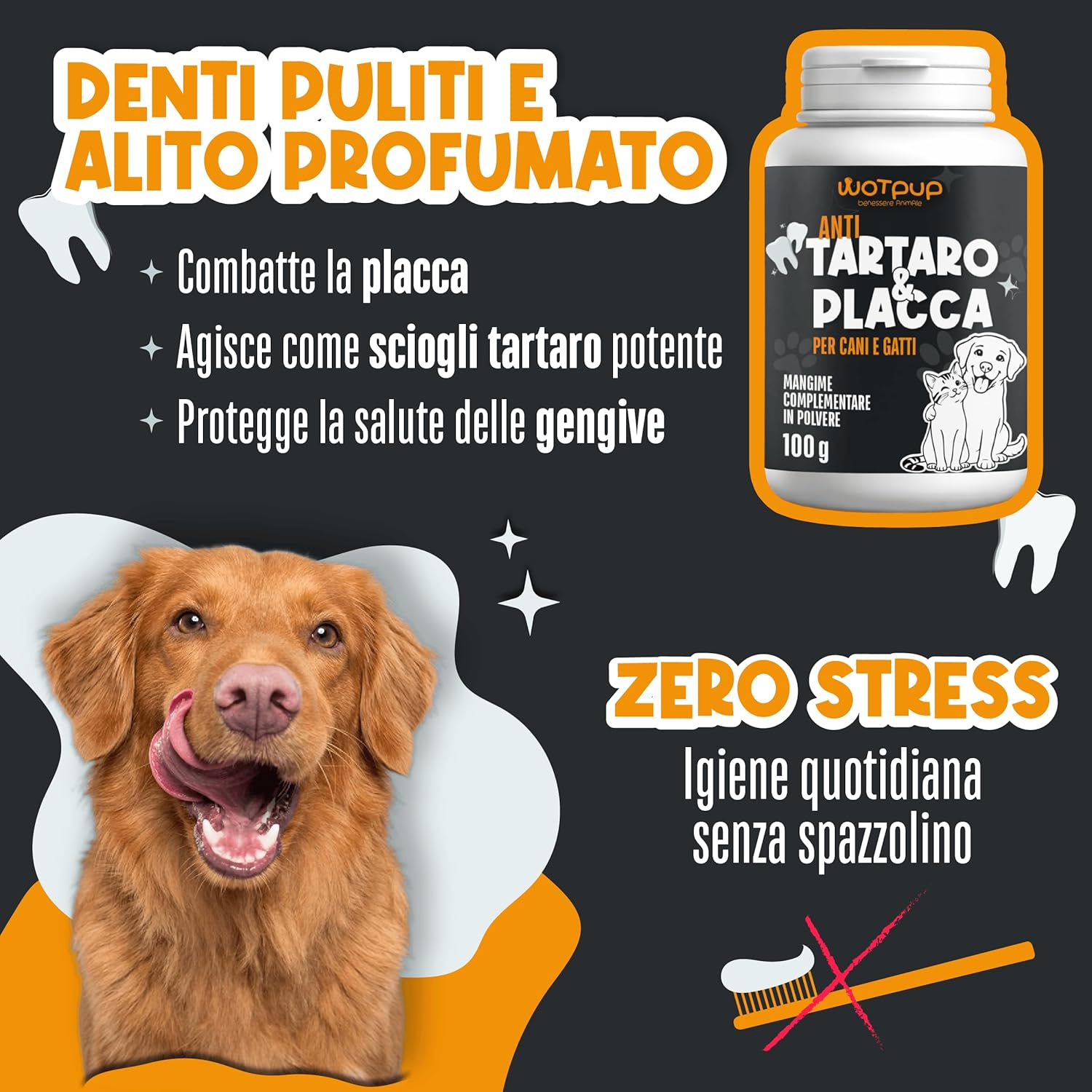 Detalle de Pulizia Denti Cane e Gatto, Polvere Dentale Sciogli Tartaro e Placca – Dental Bright, 100 g (50 Dosi)