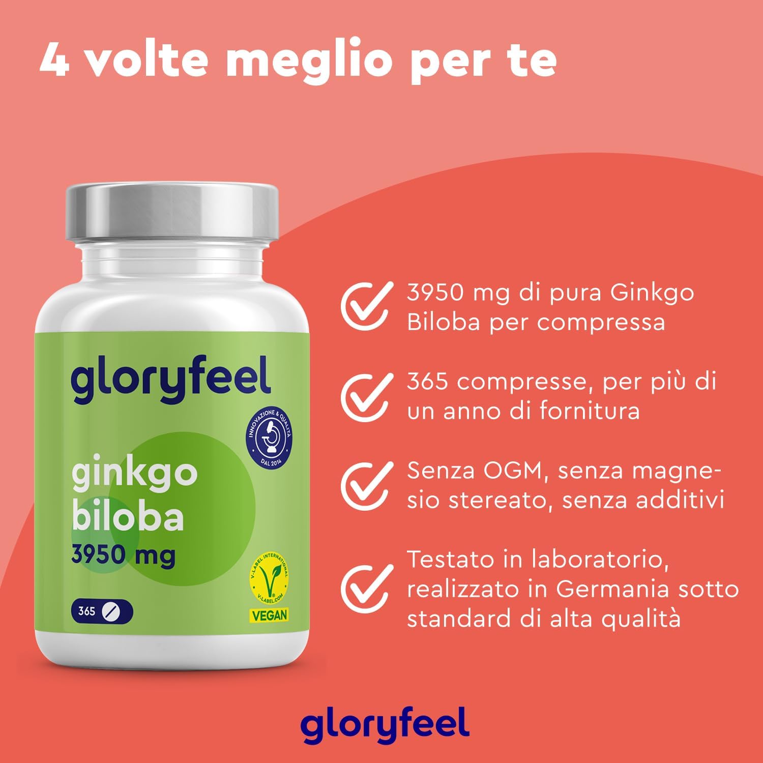 Detalle de Ginkgo Biloba Estratto 50:1 24% flavonoglicosidi + 6% terpenlattoni, 365 compresse vegane