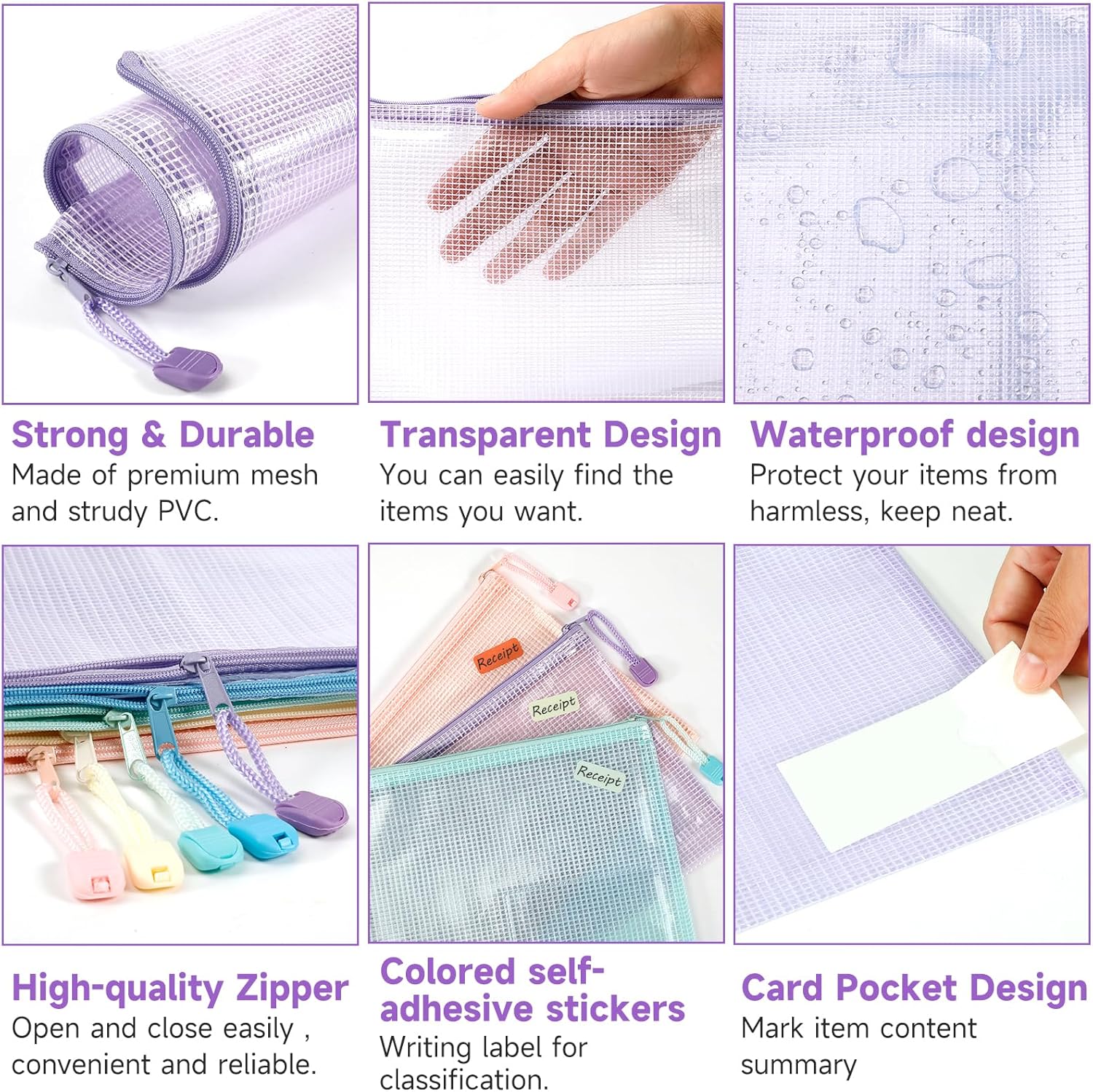 Thumbnail 2 de Havnidy lot de 15 pochettes en plastique avec fermeture éclair (A4 + A5 + A6) pour l’école, le bureau et les voyages