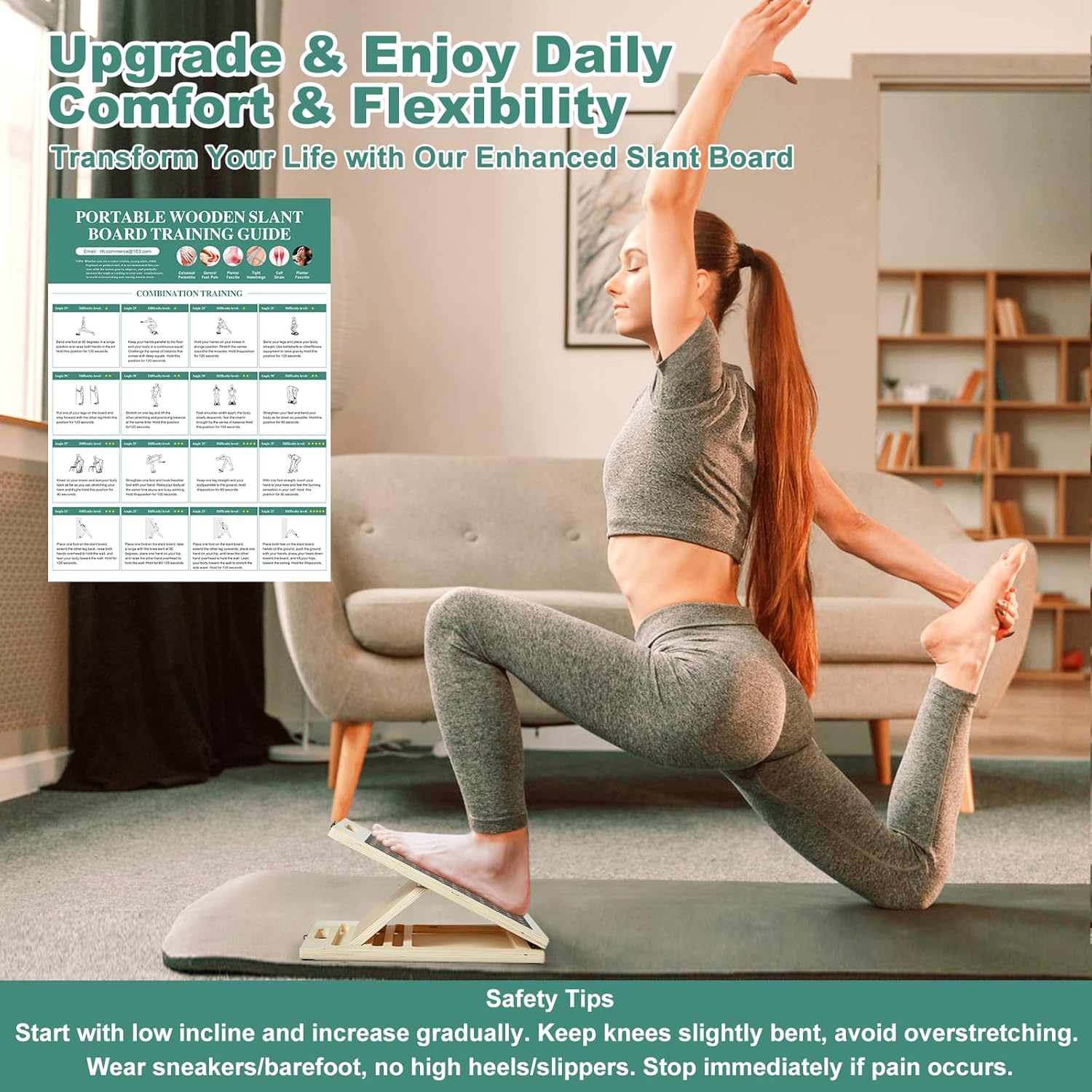 Detalle de Slant Board for Calf Stretching with 2 Resistance Bands and Training Poster (11-Layer Hardwood Stretch Board)