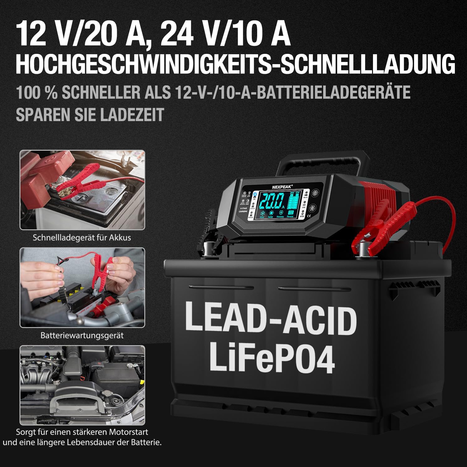 Thumbnail 1 de NEXPEAK 1-20A Autobatterie-Ladegerät (Erhaltungslader) für 12/24V LiFePO4 & Blei-Säure