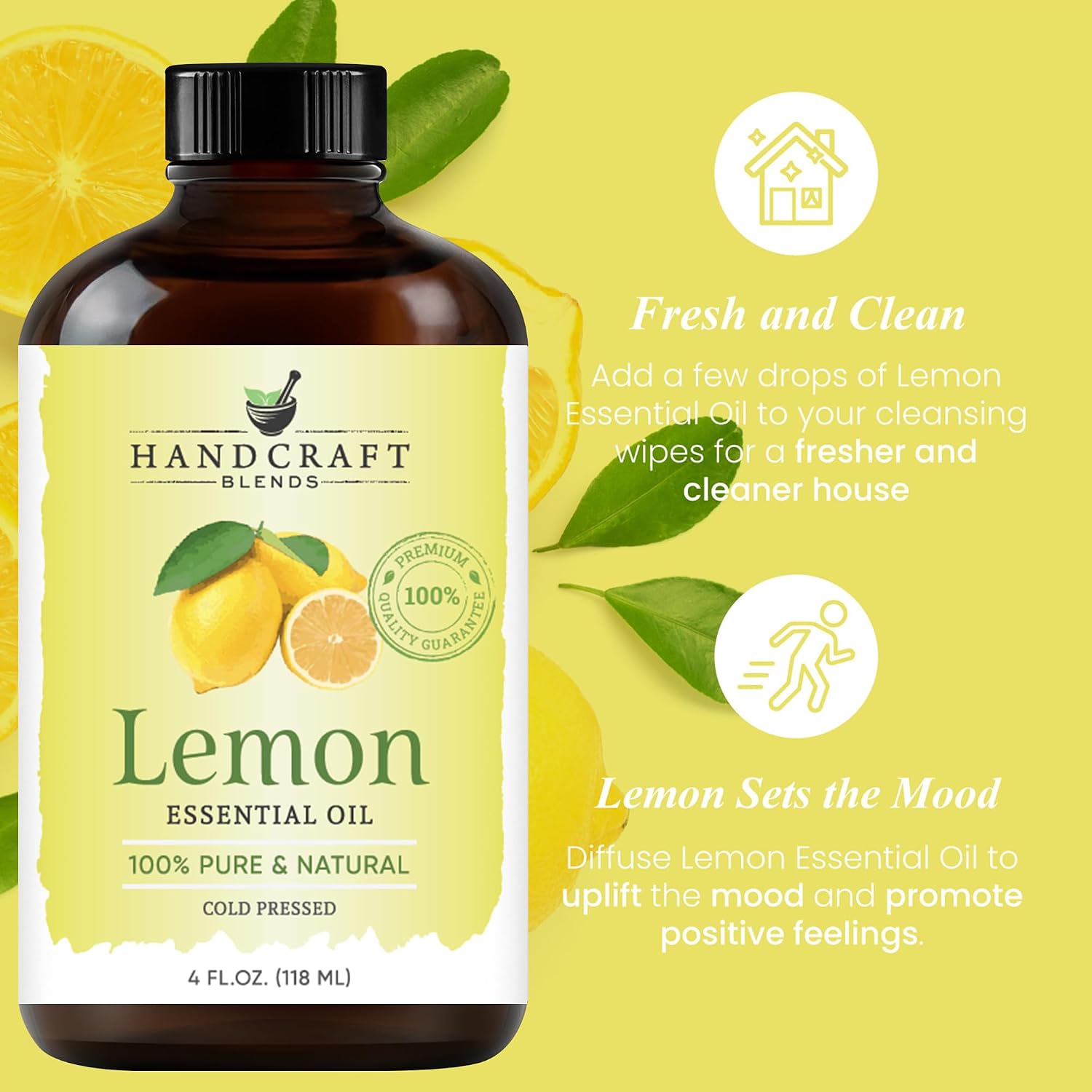 Detalle de Handcraft Blends Lemon Essential Oil, 118 ml, Cold-Pressed in Amber Glass