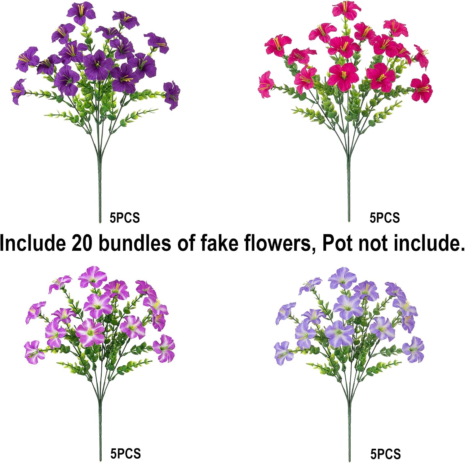 Thumbnail 6 de Artificial Flowers for Outdoors: 20 Bundles Silk Petunia with Eucalyptus, UV-Resistant Faux Flowers for Outdoor Planters