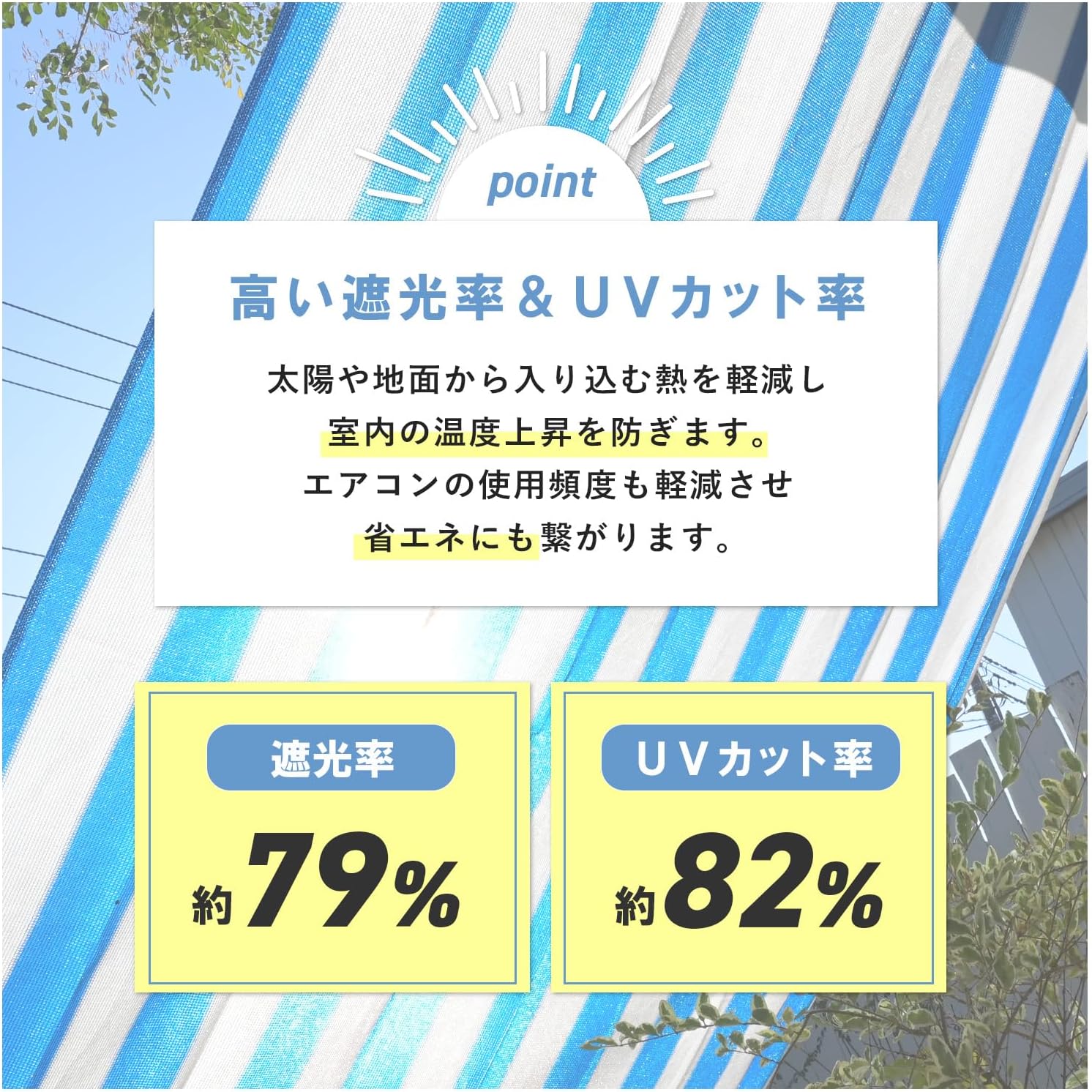 Thumbnail 3 de 山善 YRGS-1020 日除けシェード 100×200cm 水洗い可能・UVカット約82%・取付ロープ付き