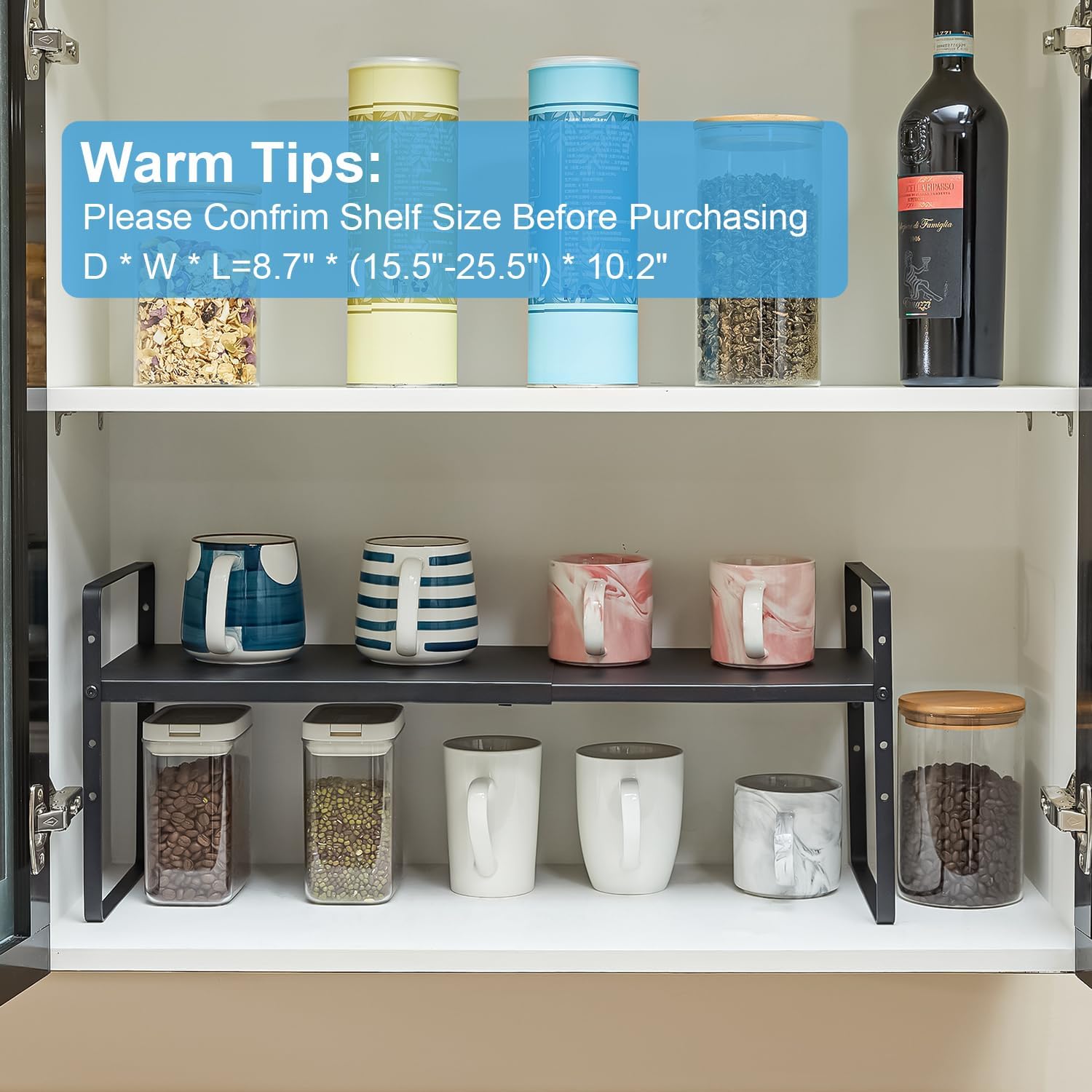 Thumbnail 6 de 15.5–25.5 Inch Adjustable Kitchen Cabinet Shelf Organizers (Set of 3) — Expandable, Stackable Countertop Storage Shelves, 30LBS Heavy Duty