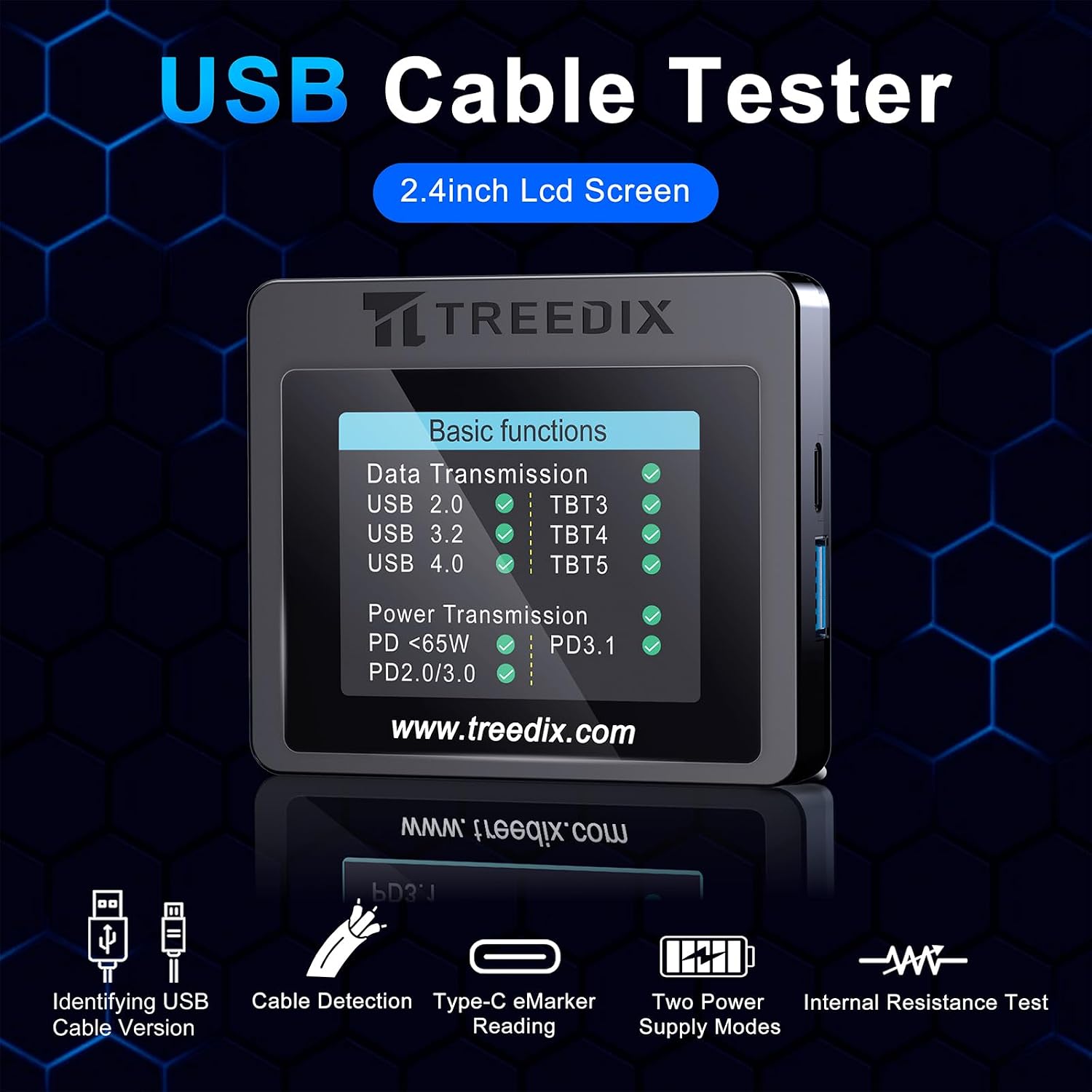 Detalle de Treedix TRX5-0816 USBケーブルテスター 2.4インチ画面・eMarker読み取り・PD検出