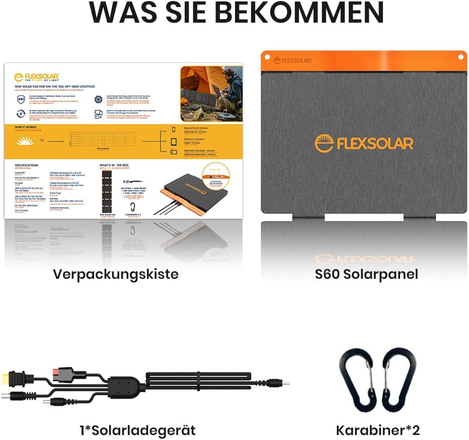 Detalle de Solarpanel 60W Flexsolar Tragbares faltbares Solarladegerät IP67 – kompakt, robust und vielseitig