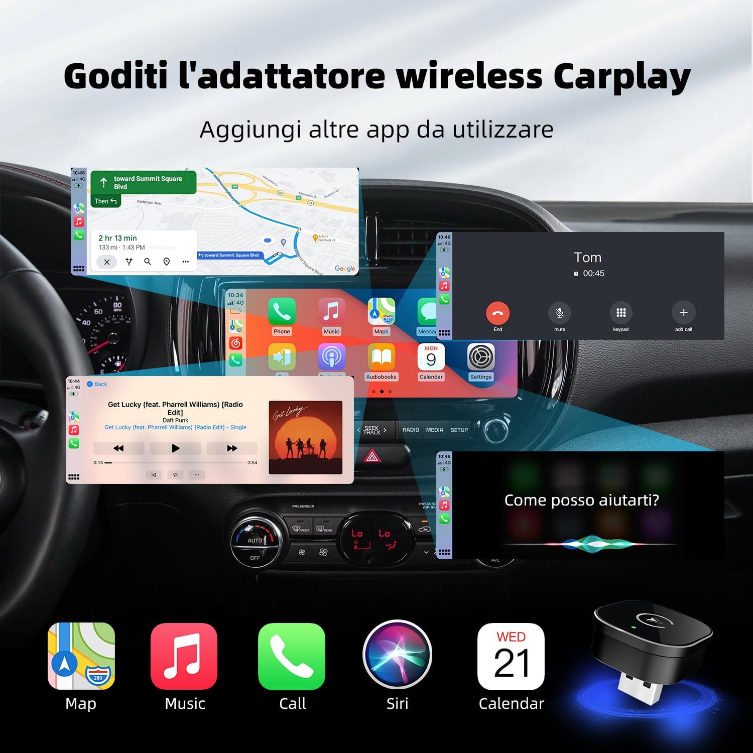 Detalle de MYCIMRE 2026 Adattatore Wireless CarPlay: CarPlay cablato e wireless, design mini USB per auto