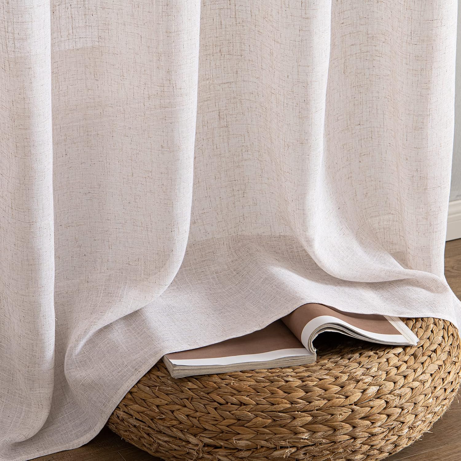 Detalle de MIULEE Tende in Lino con Occhielli – Set da 2 pannelli trasparenti 140x260 cm, colore Bianco