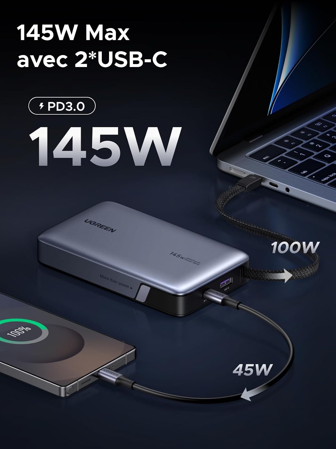 Detalle de UGREEN Nexode 145 W powerbank 20.000 mAh met geïntegreerde USB-C-kabel