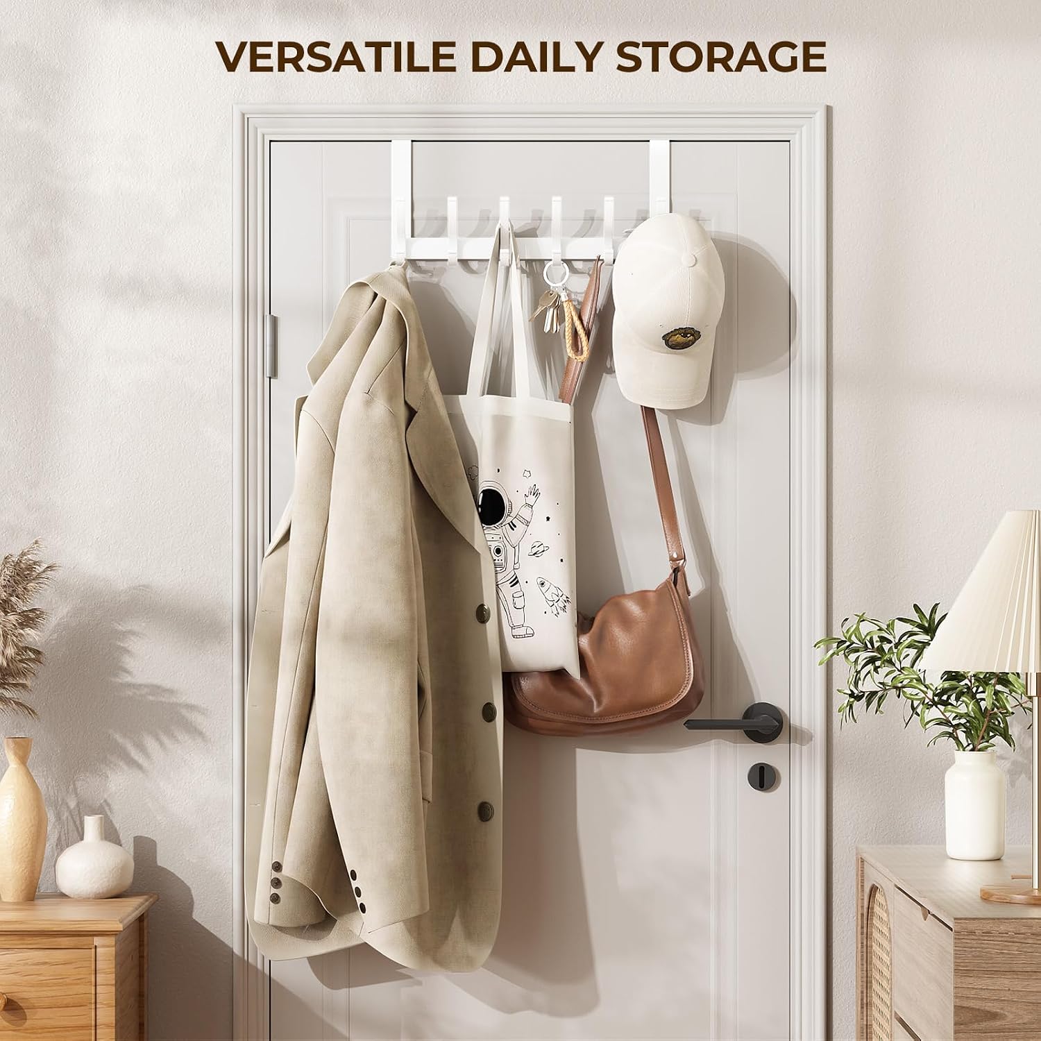 Detalle de Optish door hook over-the-door rack, 12 hooks, white powder-coated steel