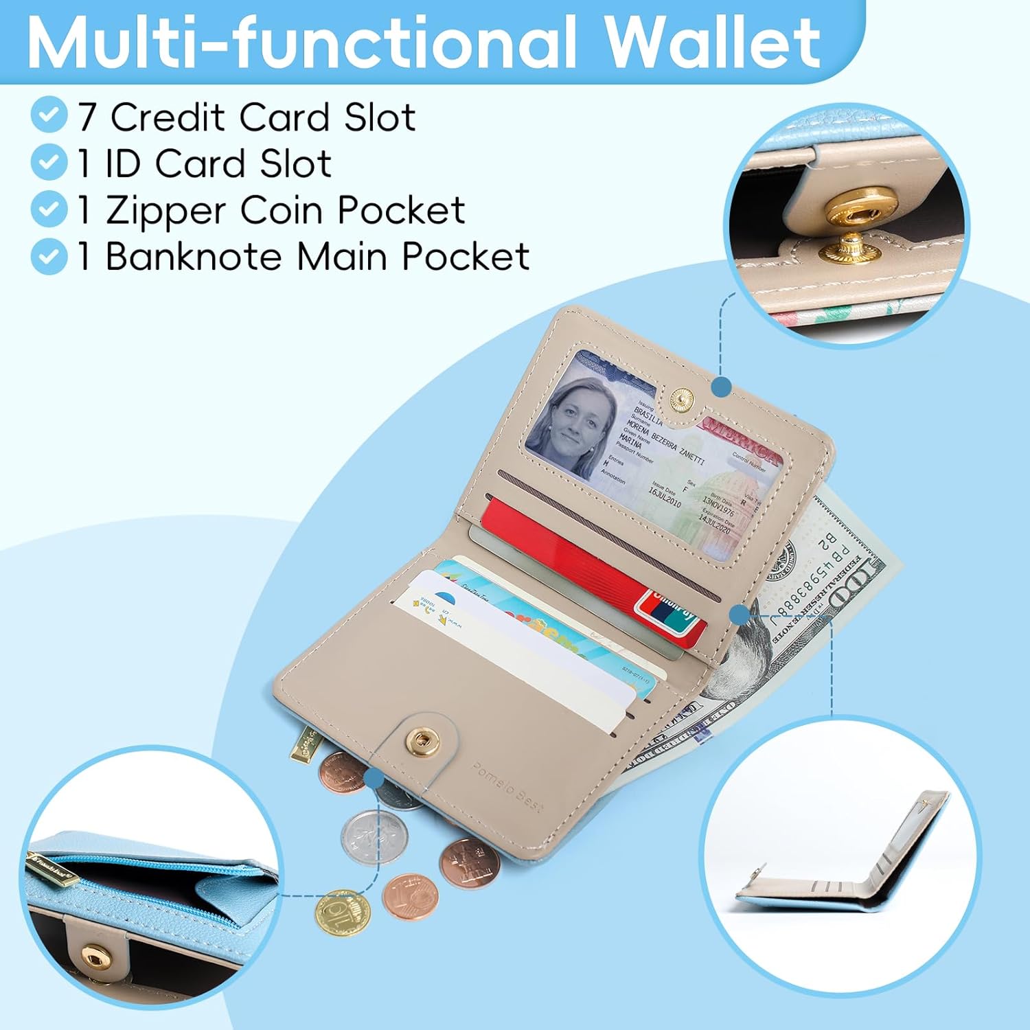 Detalle 2 de Pomelo Best Womens Wallet Soft Small Coin Purse - RFID Blocking Bifold with Zipper Pocket (Blue)
