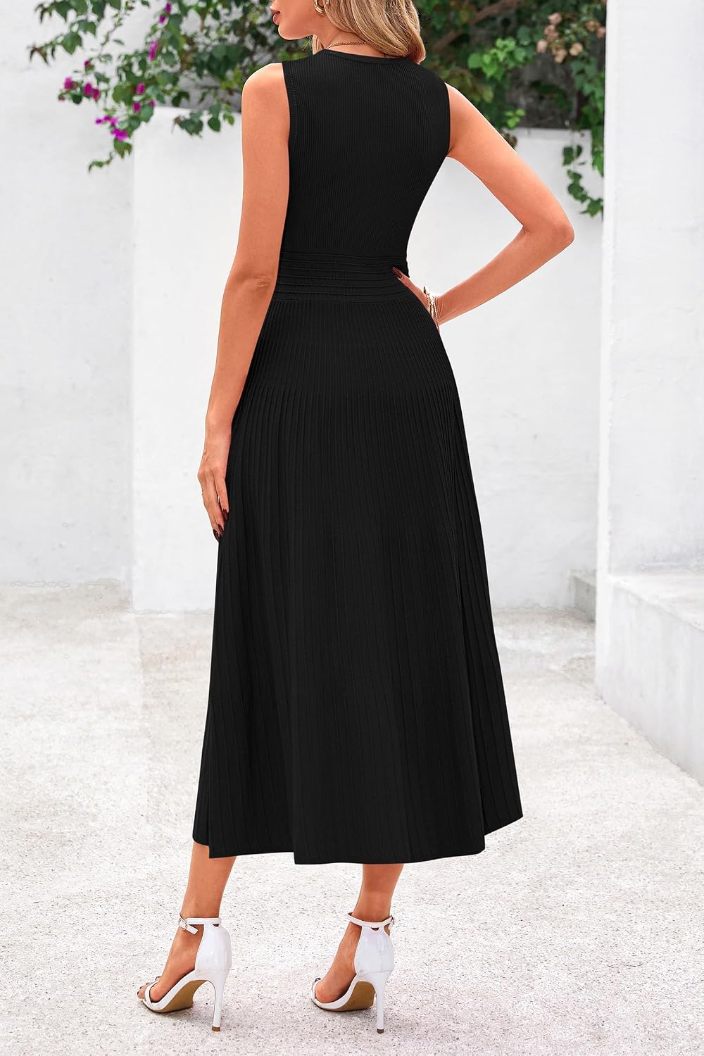 Detalle de PRETTYGARDEN Spring Casual Dresses for Women – 2026 Summer Midi A-Line Pleated Sleeveless Dress