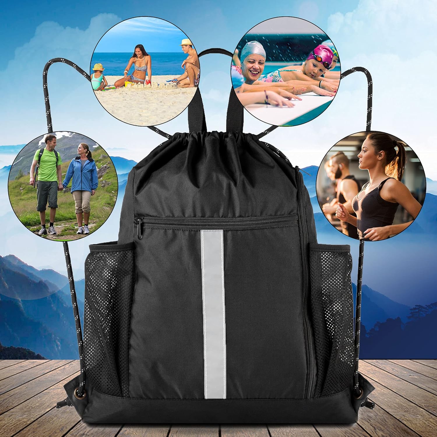 Thumbnail 6 de BeeGreen Large Drawstring Backpack with Shoe Compartment, Water Bottle Holders and Reflective Strips (Black)