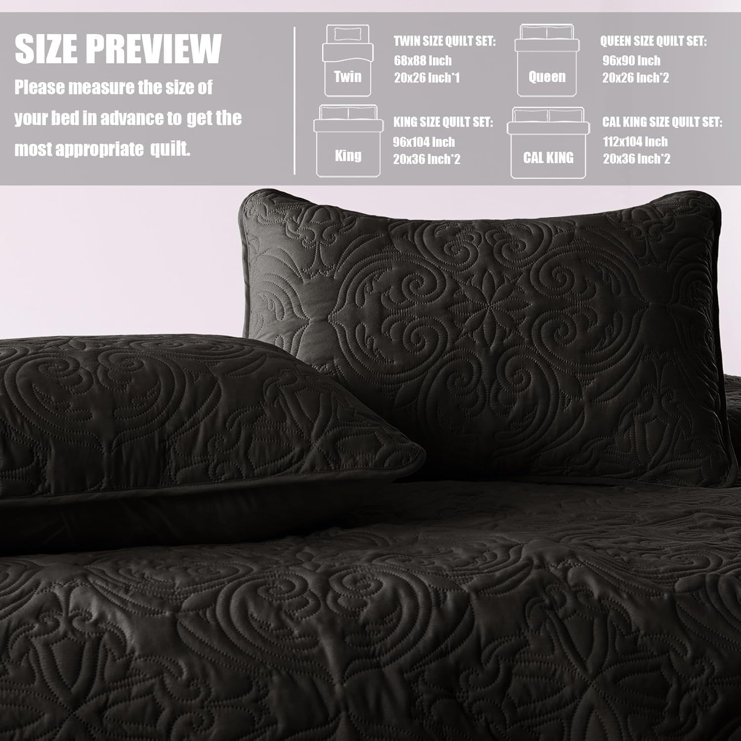 Detalle 2 de Exclusivo Mezcla QS-YP-CBK California King Quilt Set, Black Damask Microfiber