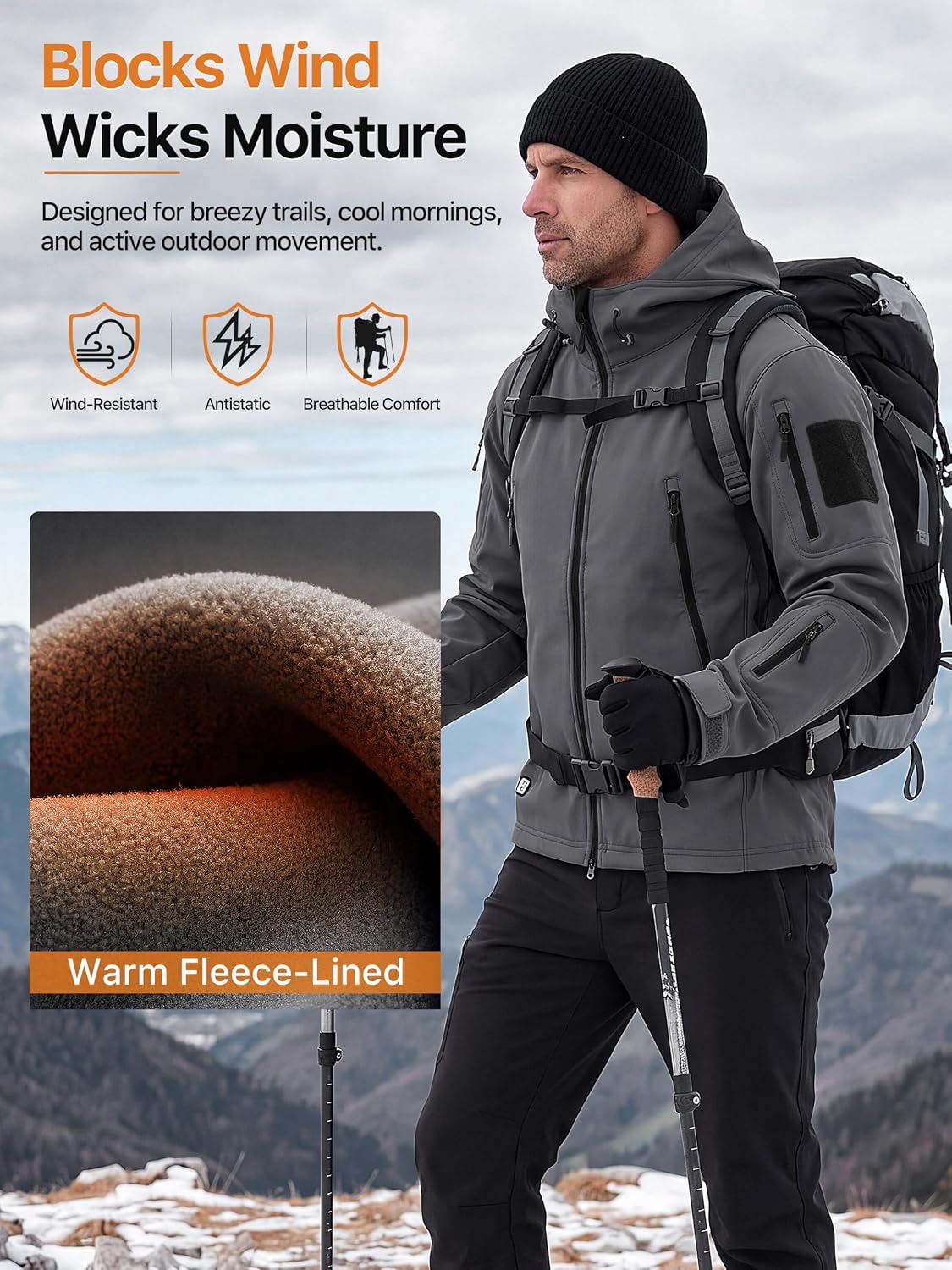 Detalle de FREE SOLDIER Men's Hooded Softshell Jacket, Waterproof, Fleece-Lined, 9 Pockets