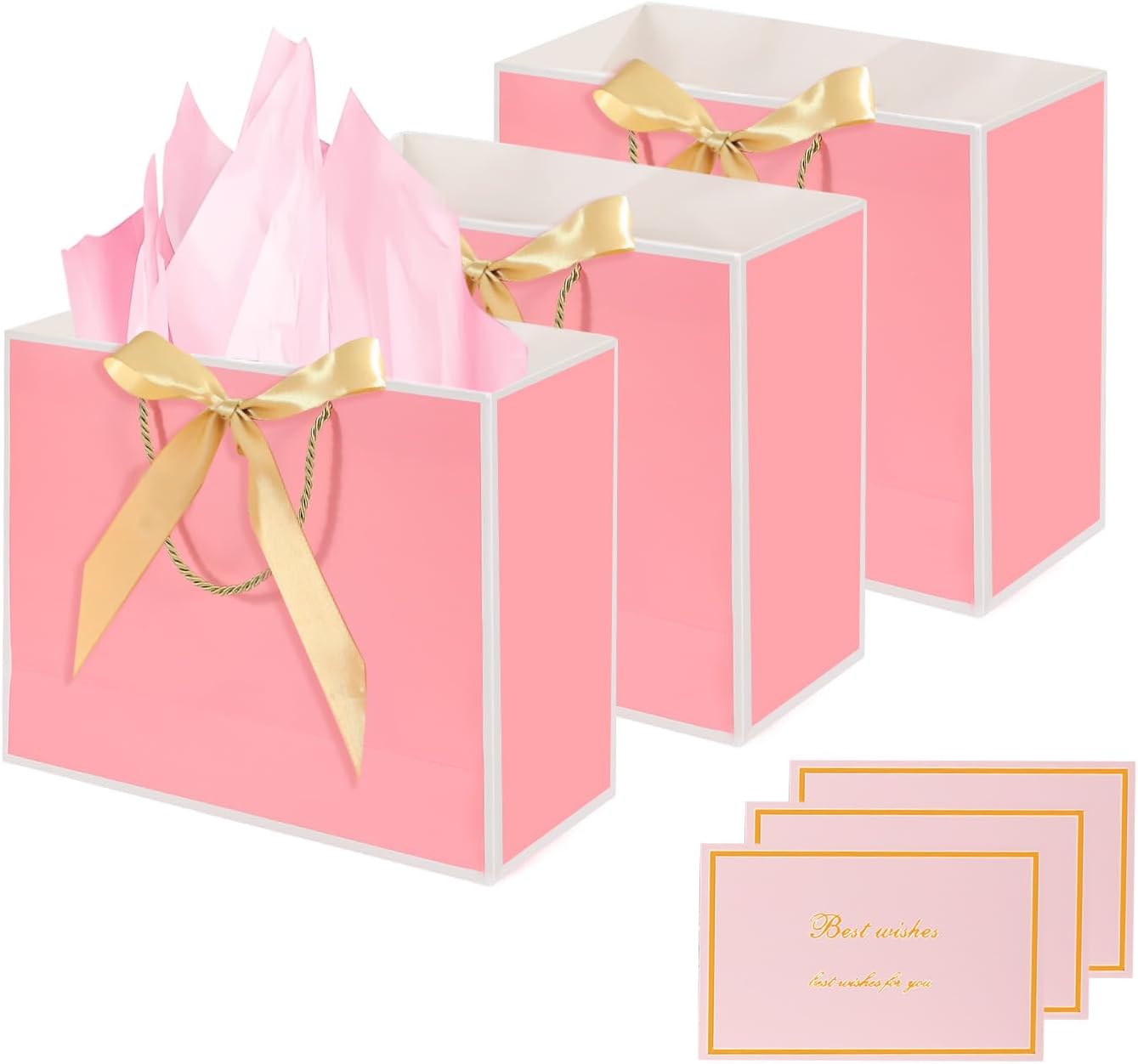 Detalle de Modixun Gift Bags 3-Piece Set: 32cm Large Gift Bags with Ribbon, Greeting Cards and Tissue Paper (Pink-White)