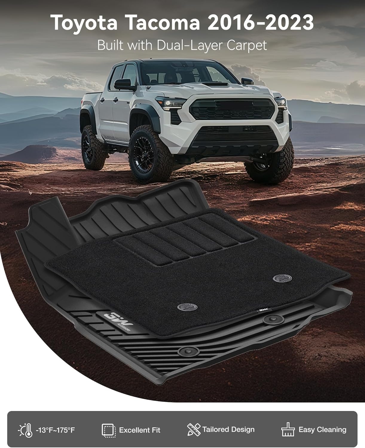 Detalle 2 de 3W Floor Mats & Carpets Custom Fit for Toyota Tacoma 2016-2023 (Double Cab, Automatic) – TPE Liner with Driver Heel Pad