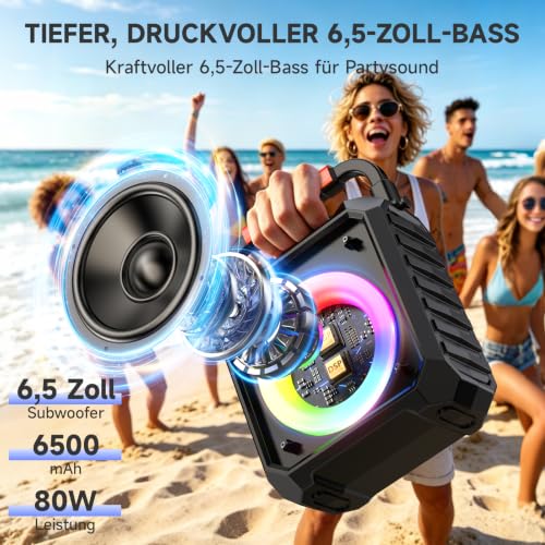 Detalle 2 de JYX Karaoke Maschine mit 2 kabellosen Mikrofonen – Bluetooth 5.3, 80W, 6,5-Zoll Bass, bis zu 12 Std. Akku