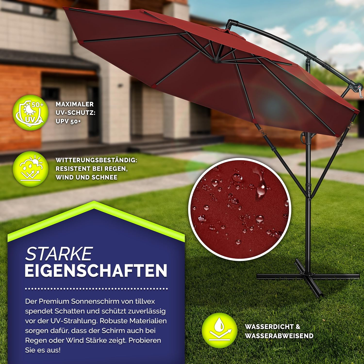 Detalle 2 de tillvex Alu Sonnenschirm mit Abdeckung Ø 300 cm, Kurbel, 360° drehbar und Windschutz