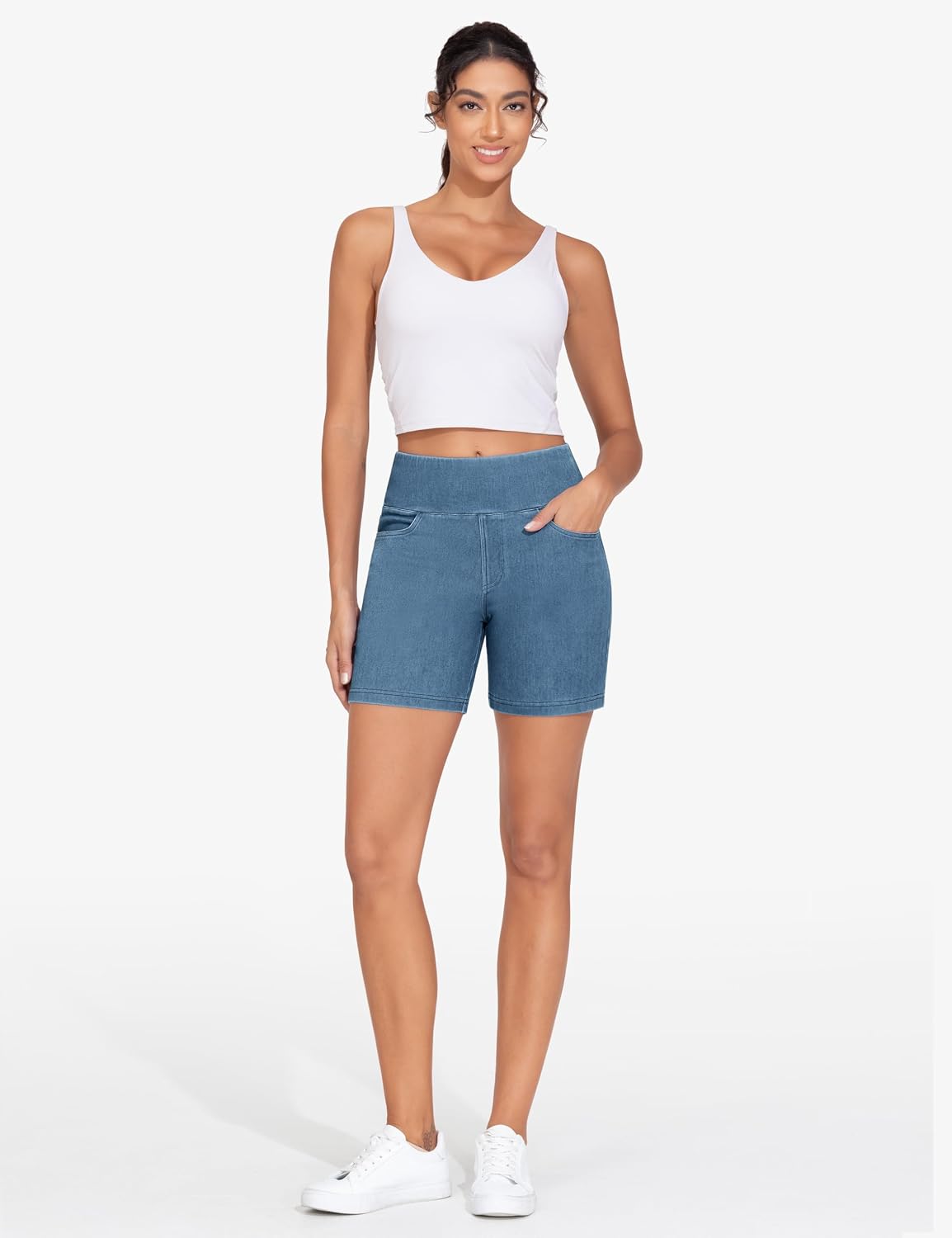 Thumbnail 2 de THE GYM PEOPLE High Waist Stretch Denim Shorts for Women, 4 Pockets