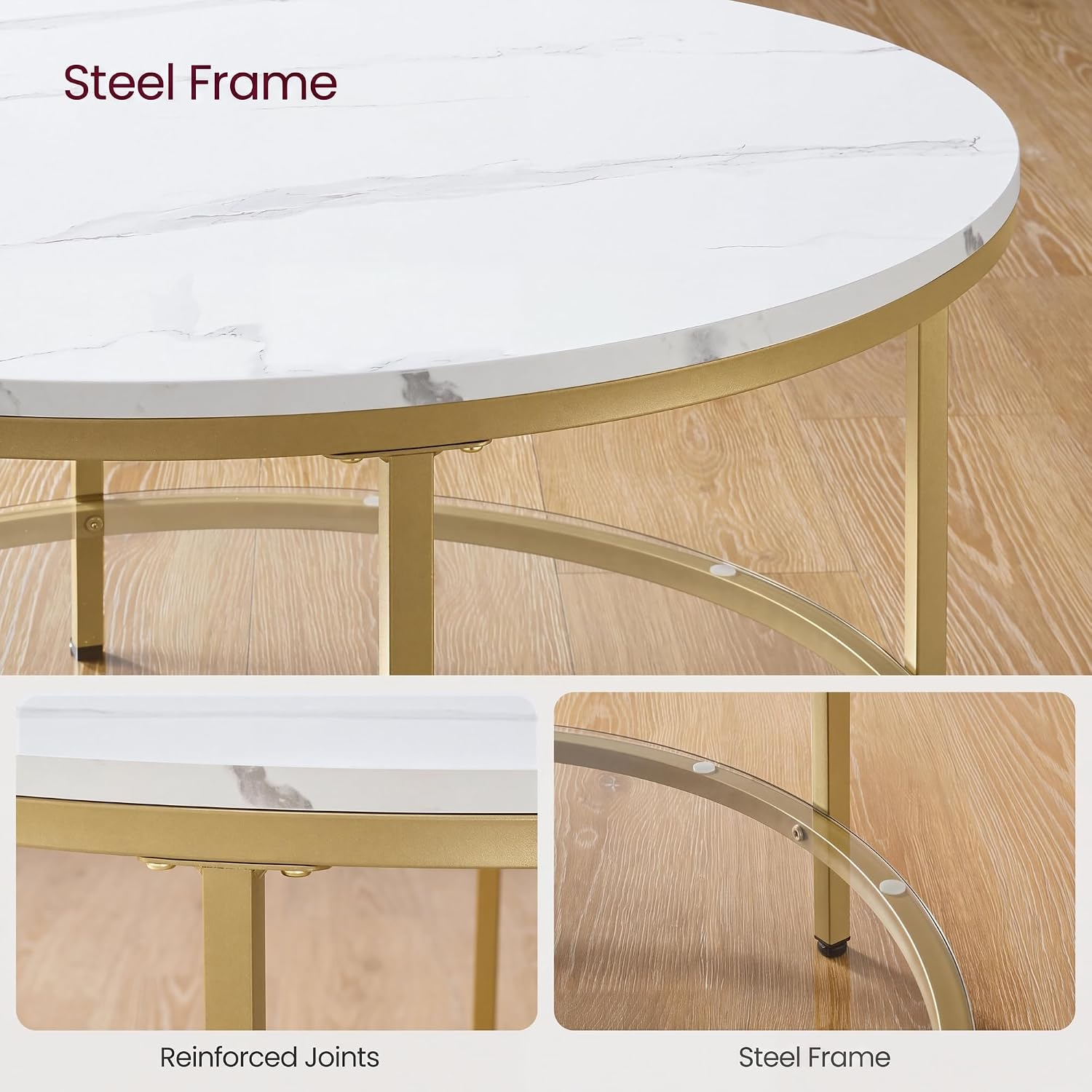 Detalle 2 de VASAGLE BARIS LCT071W59 Round Coffee Table with Faux-Marble Top and Glass Shelf