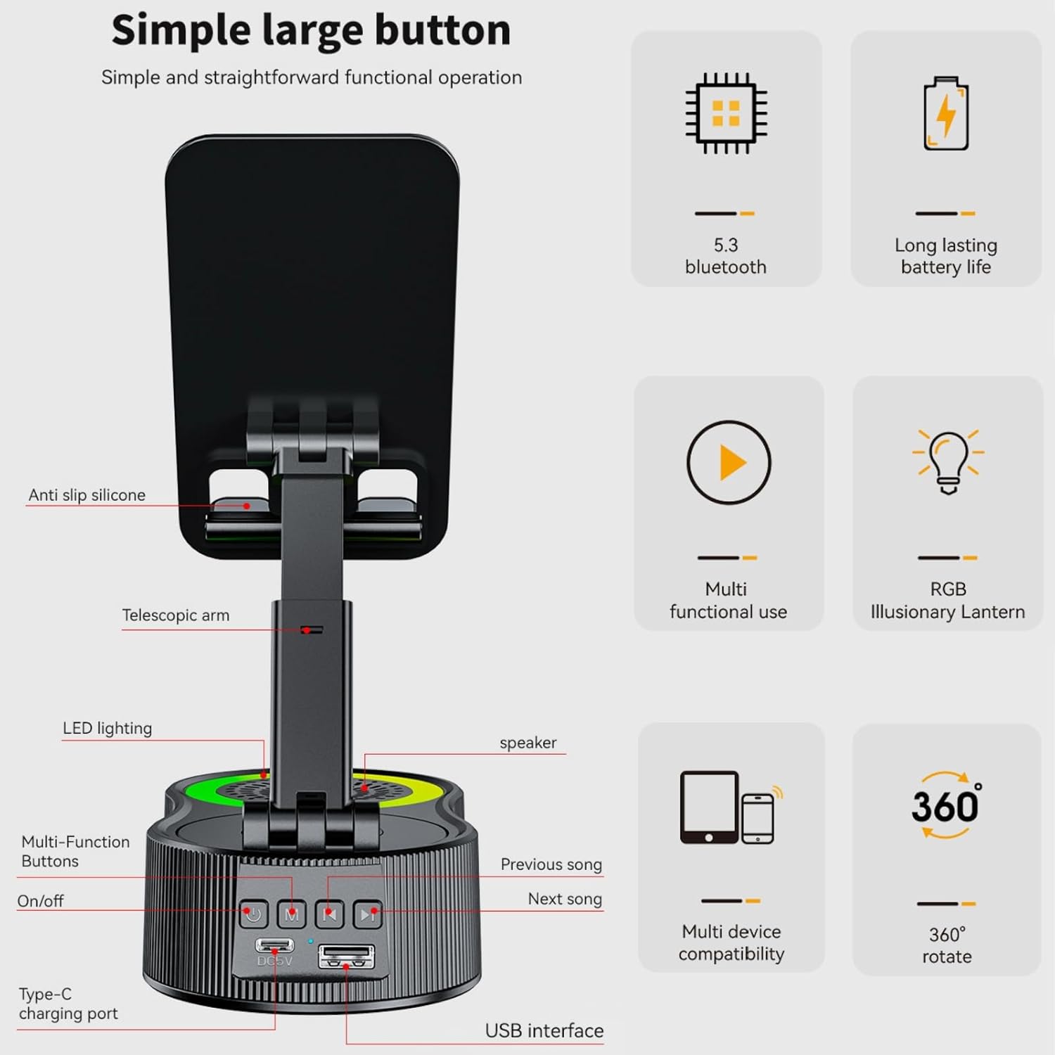 Thumbnail 5 de Luonaa 4-in-1 Cell Phone Stand with Bluetooth Speaker, charging and 360° rotation (Black)