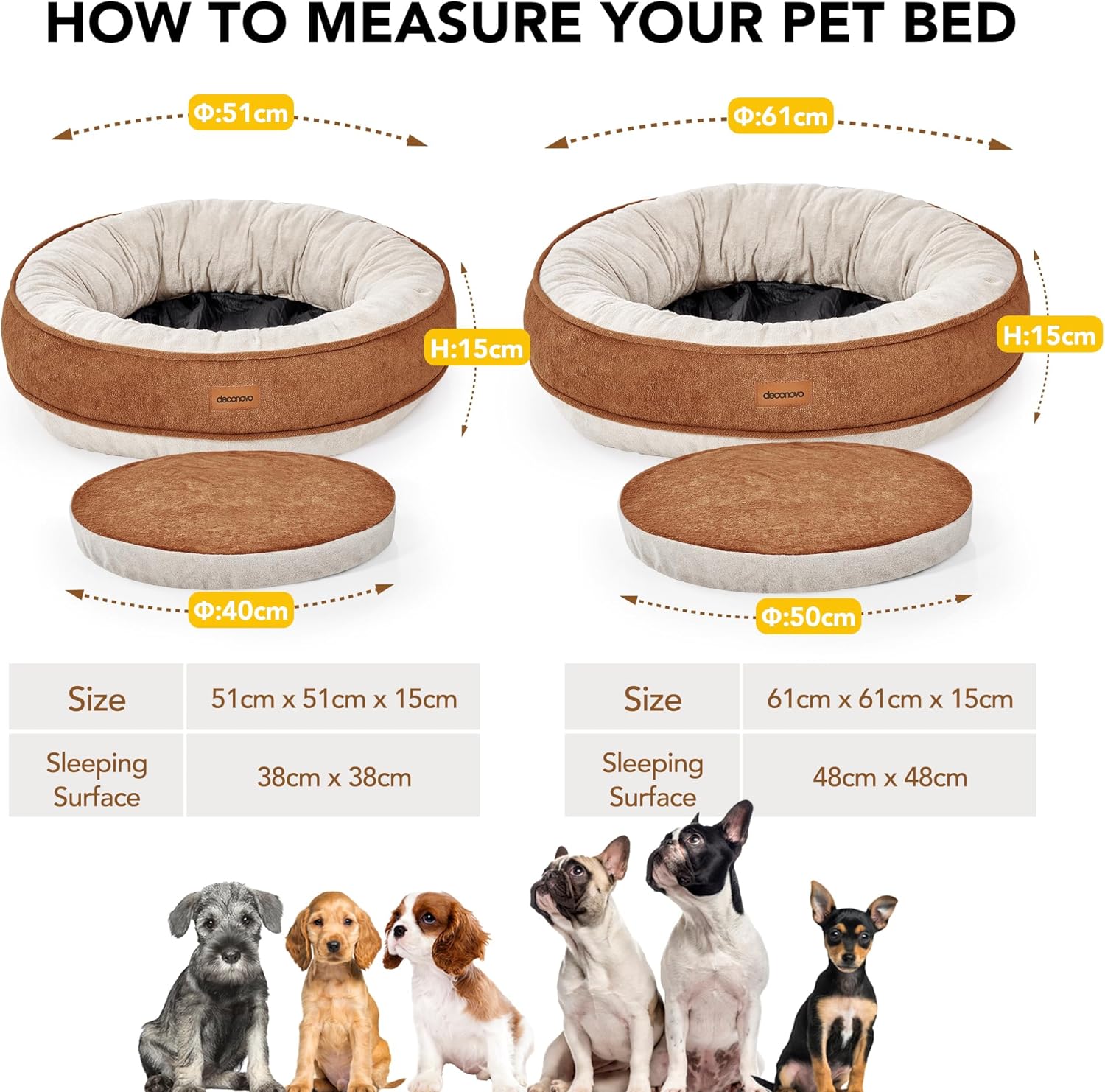 Thumbnail 4 de Deconovo lit orthopédique pour chien 51x51x15 – Coussin pour petits chiens (caramel et blanc cassé)