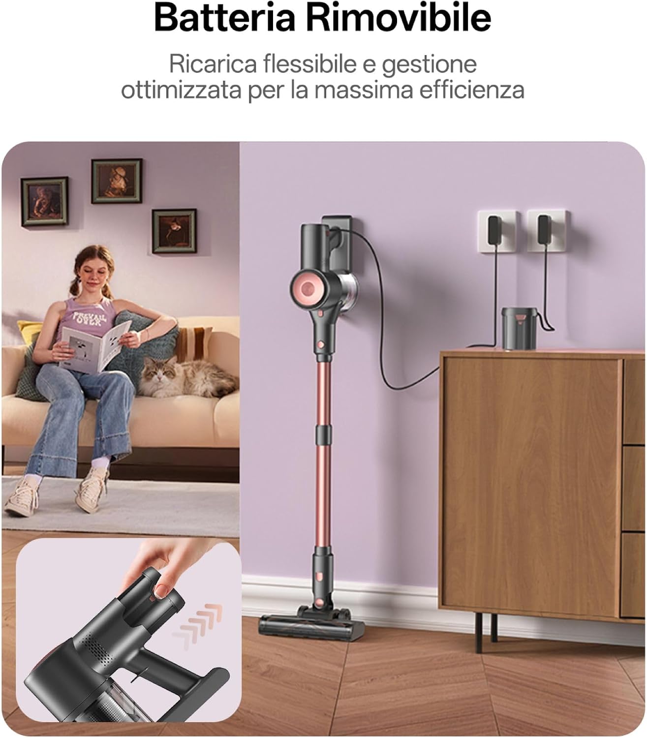 Detalle de Vexilar V10Pro aspirapolvere senza fili 45.000Pa, 45 min, scopa elettrica ultraleggero con luce LED e batteria removibile