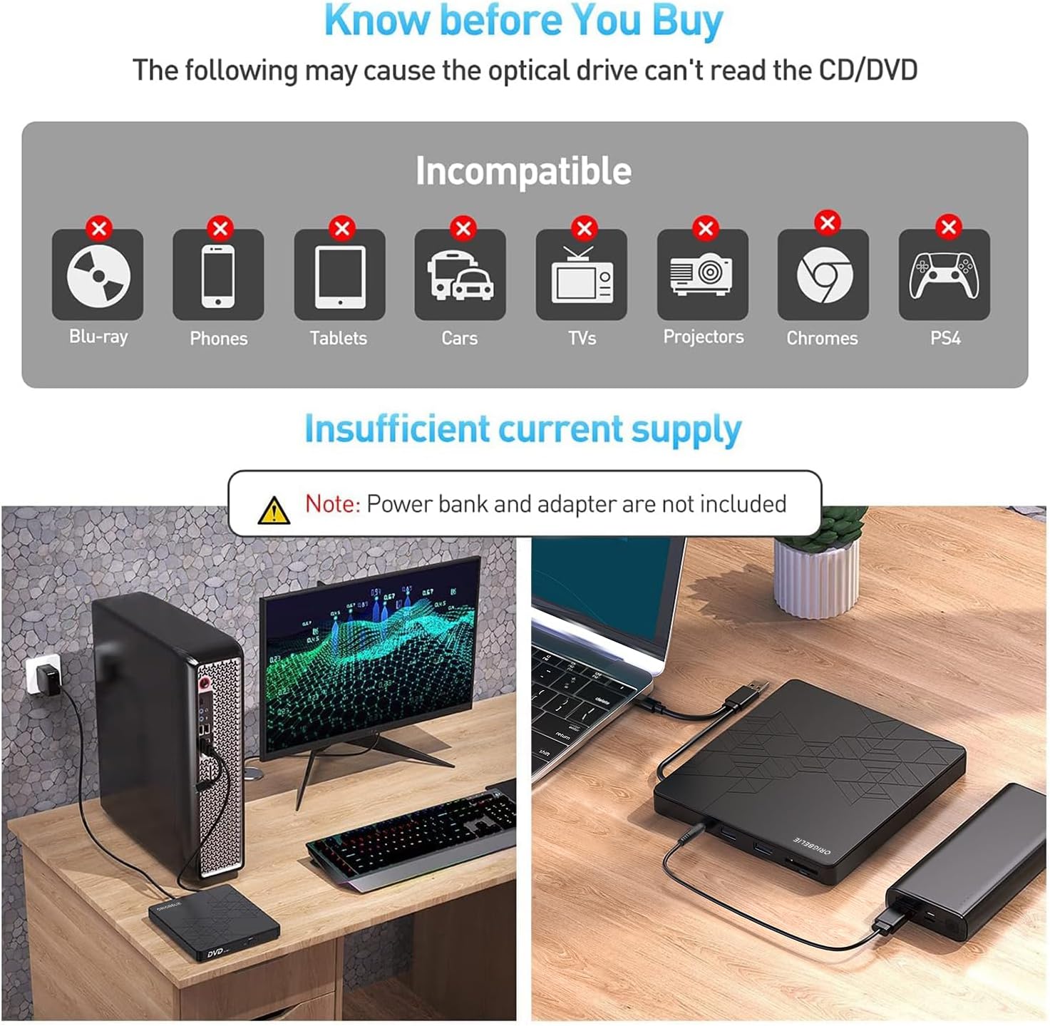Thumbnail 6 de ORIGBELIE External CD/DVD Drive with USB 3.0 Type-C — Portable Slim ODD for Laptops, PCs, and Mac