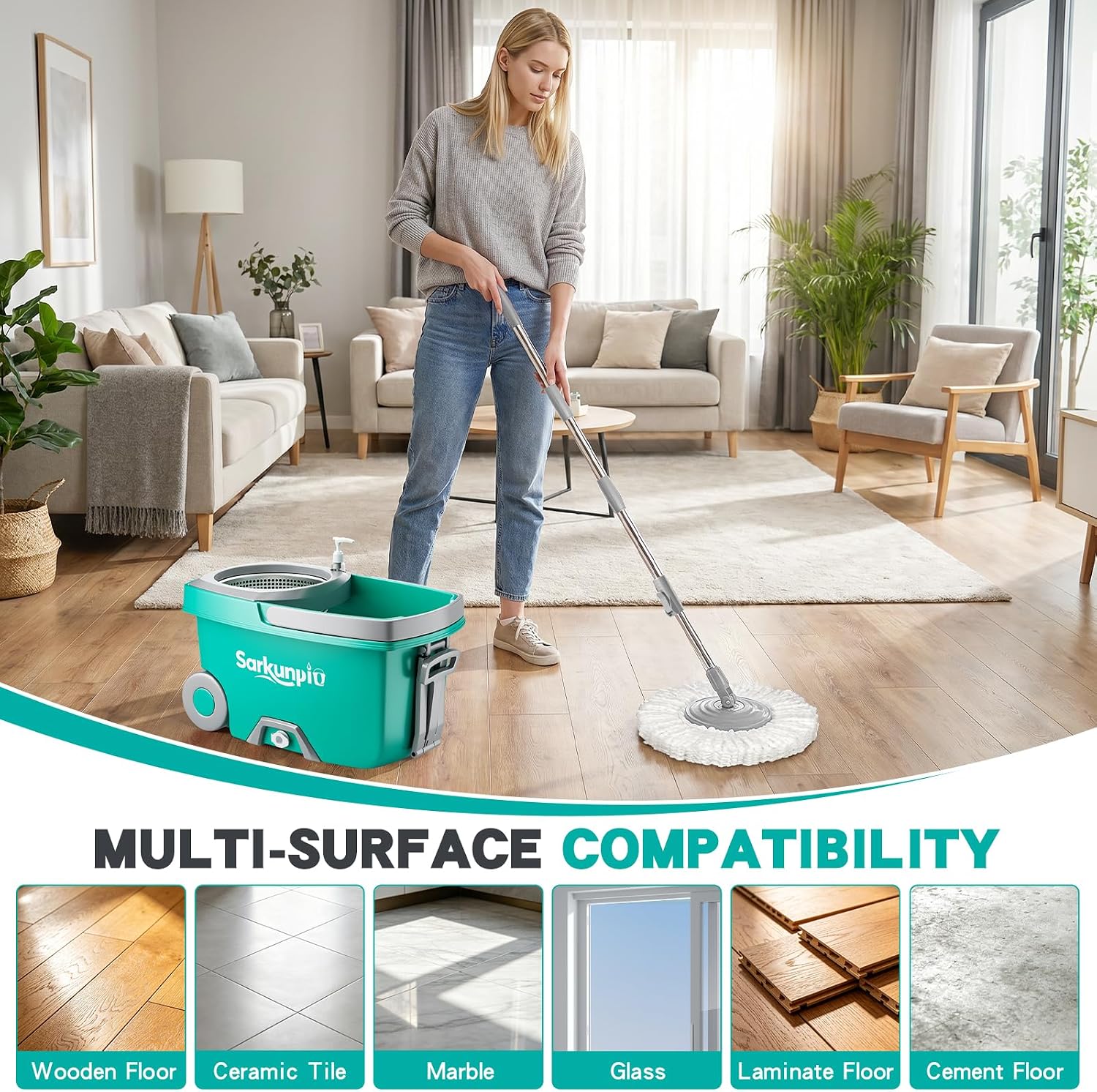 Thumbnail 6 de Sarkunpio J0227D Spin Mop and Bucket Set, 6 Microfiber Heads, Teal