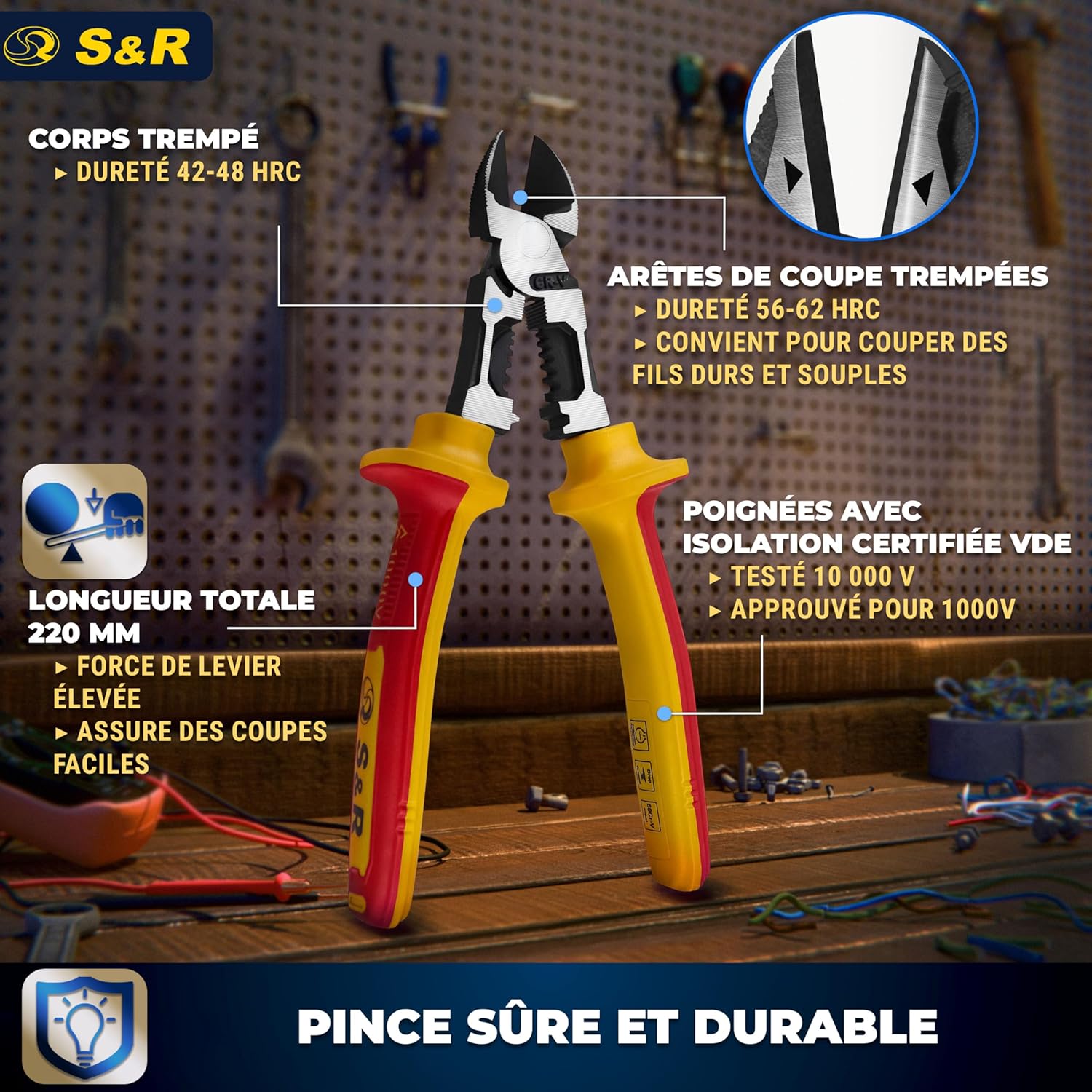 Detalle de S&R Pince d'Électricien Isolée VDE 1000V - Pince Coupante Diagonale Multifonction 220 mm