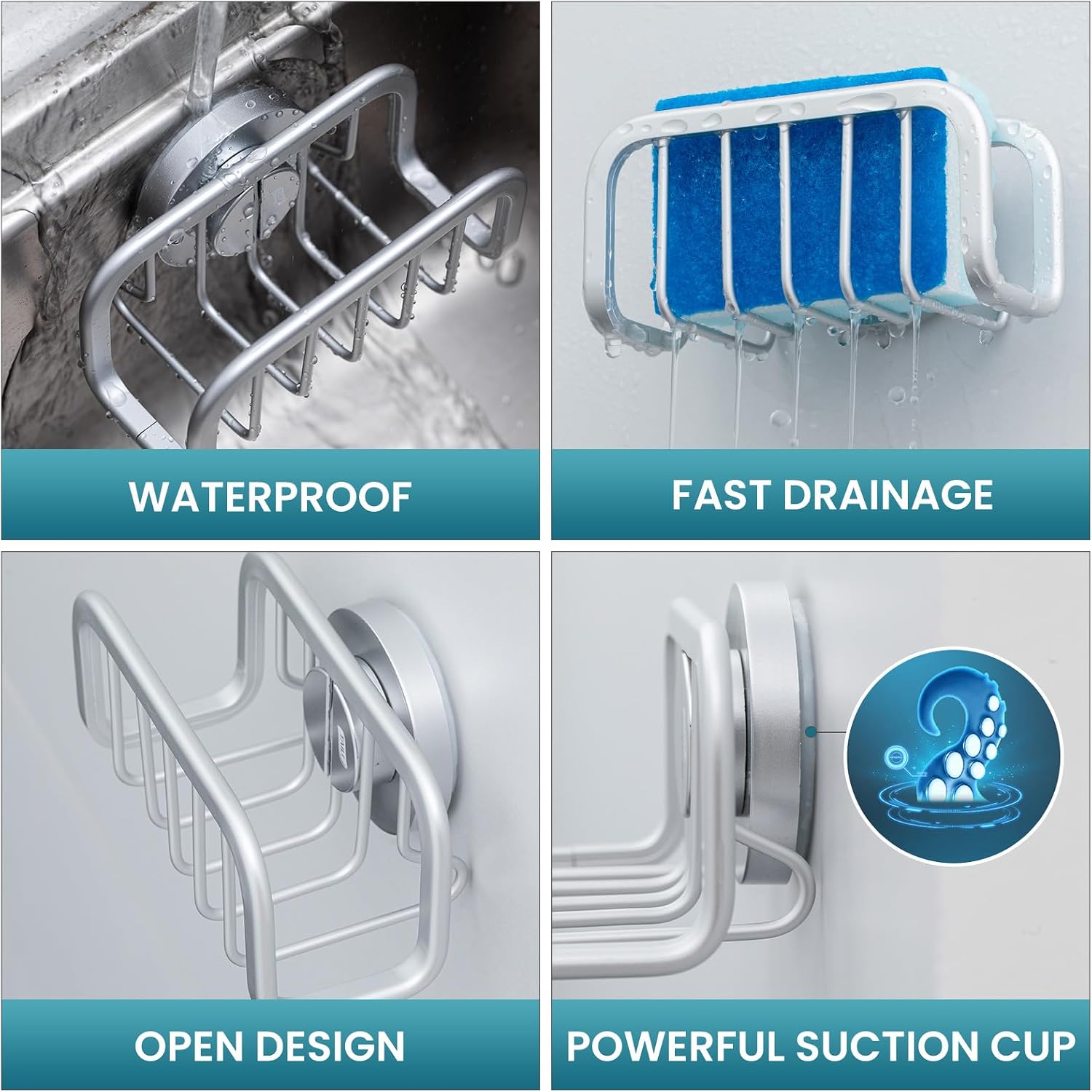 Detalle de TAILI Sponge Holder for Kitchen Sink with Strong Suction Cup and Rustproof Aluminum Caddy