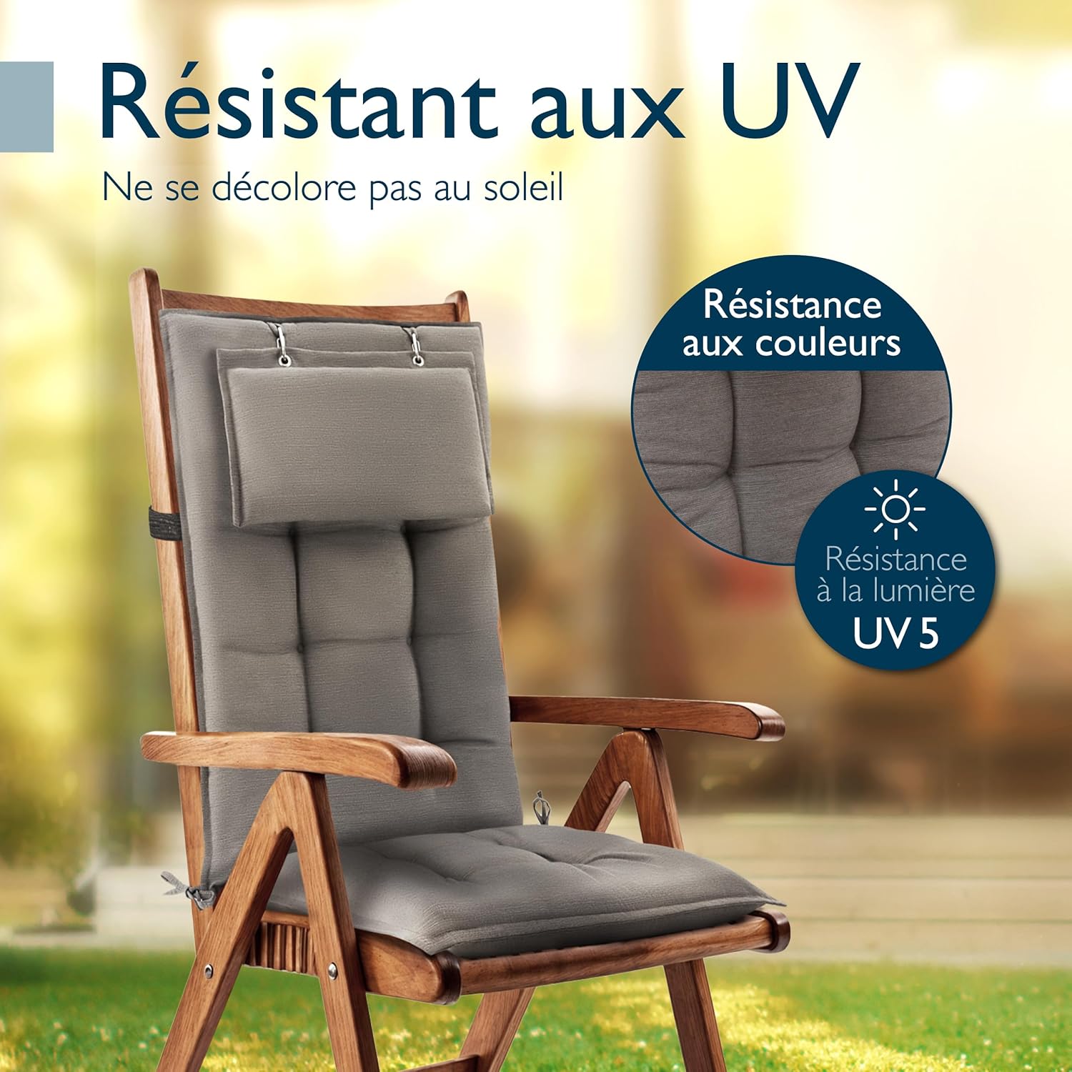 Thumbnail 6 de Beautissu 3er Set Premium Hochlehner Auflage mit Kopfpolster, 120x50 cm, Taupe