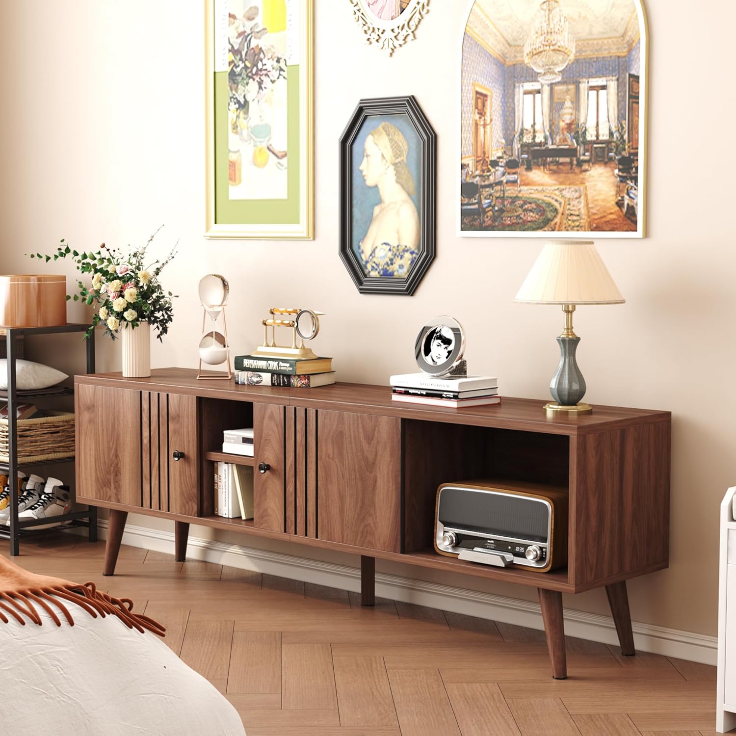 Detalle 2 de HOMEFORT 021A Mid-Century TV Stand, Walnut, Sliding Doors and Cable Holes