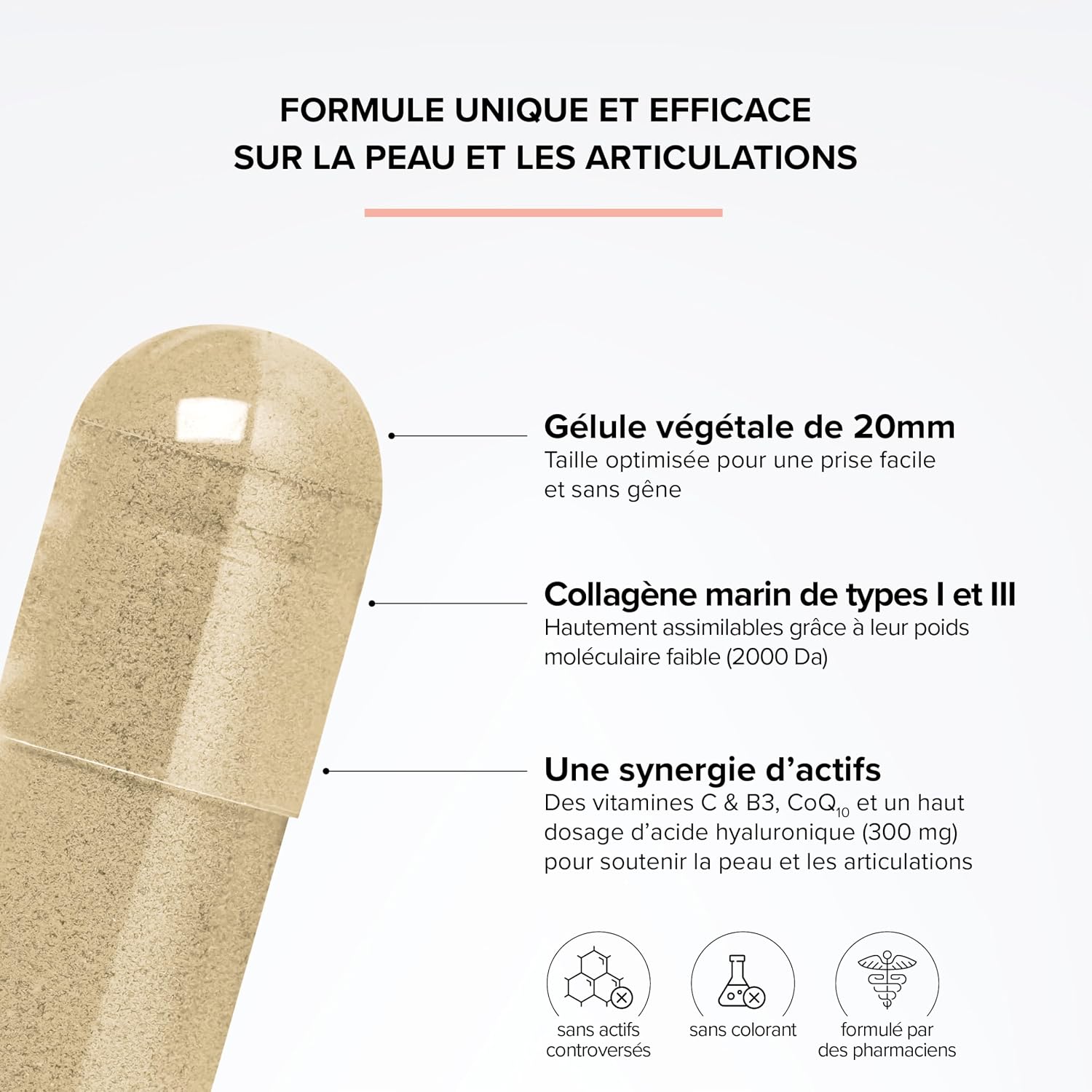 Detalle de Collagène marin 2000Da + Acide hyaluronique 300 mg – Beyond Elements, 100 gélules