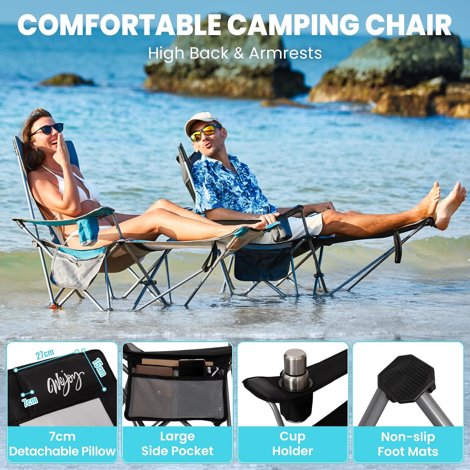Thumbnail 5 de #WEJOY sedia da campeggio pieghevole 2 in 1 con schienale regolabile e poggiapiedi (fino a 180 kg)