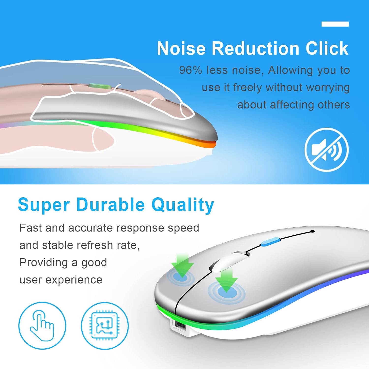 Detalle de Kabellose Bluetooth-Maus für Laptop mit 2.4GHz Dual-Empfänger, wiederaufladbar (Bluetooth 5.2 + USB A + USB C) – 1600 DPI, silber