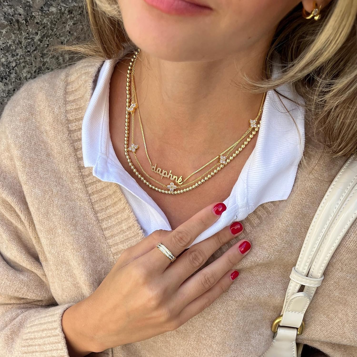 Detalle 2 de HARJJME Damen-Kette aus 14K vergoldetem Kupfer & Silber 925 mit Kleeblatt, Herz und Zirkonia – Choker, wasserfest