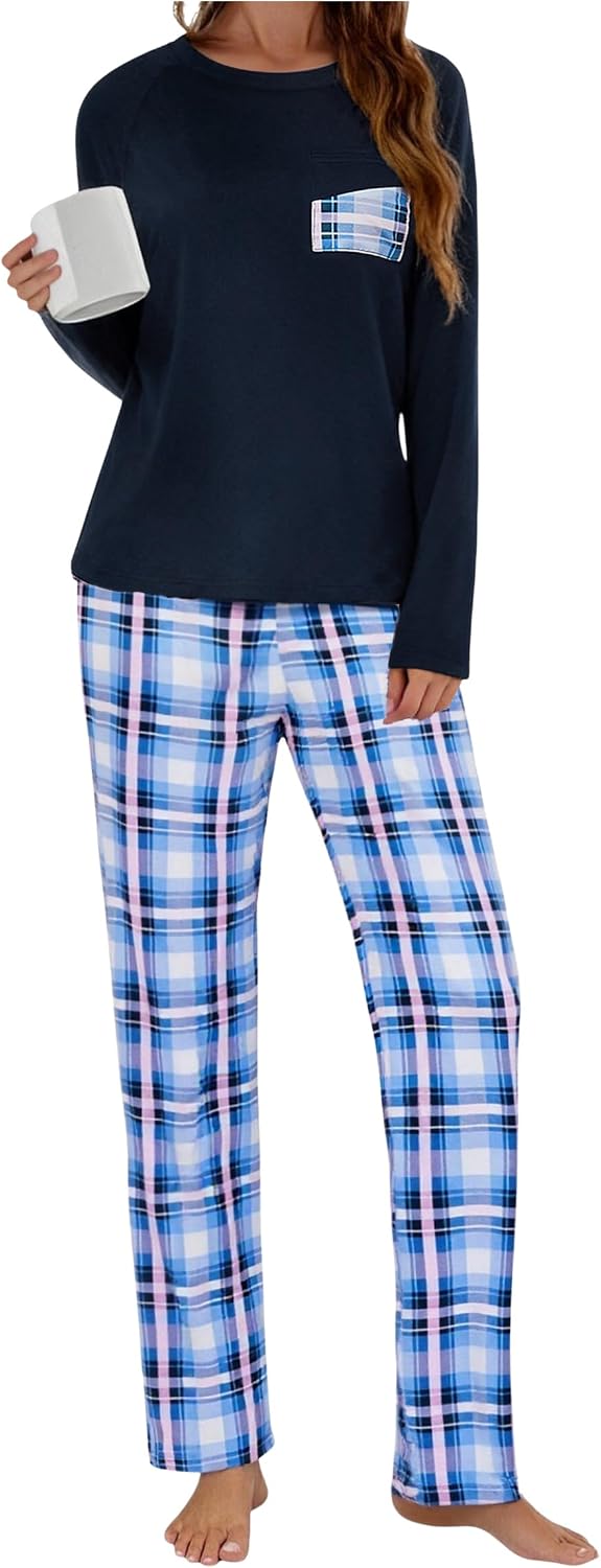 Detalle de Uniexcosm Chemise de Nuit Femme en coton, pyjama hiver 2 pièces à carreaux (col ras du cou, manches longues, pantalon)