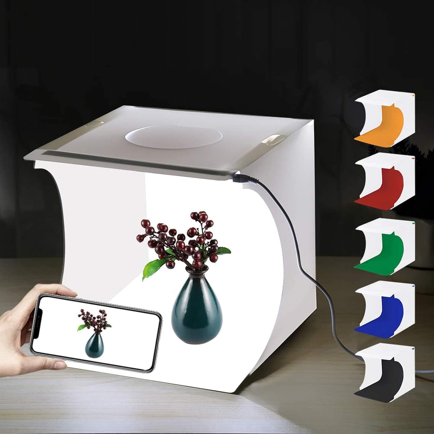Detalle de PULUZ Mini Fotobox (20 cm) mit 20 LED-Leuchten, Softbox-Zelt-Set und 6 Hintergründen