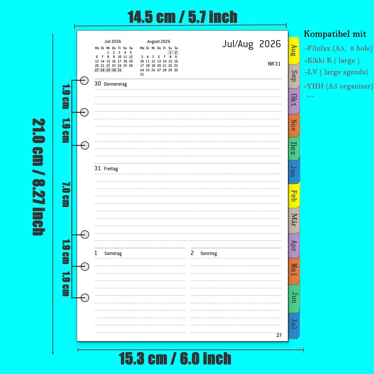 Thumbnail 2 de 2026/2027 Wochenplaner-Einlage A5 mit 6 Löchern – Kompatibel mit Filofax, August 2026 bis Juli 2027