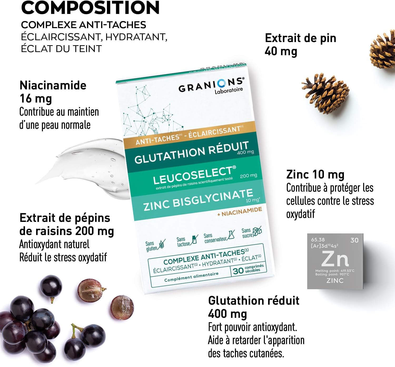 Detalle de GRANIONS - Complexe Anti-Tache Visage : Glutathion, Vitamine C, Zinc bisglycinate, Selenium et Niacinamide