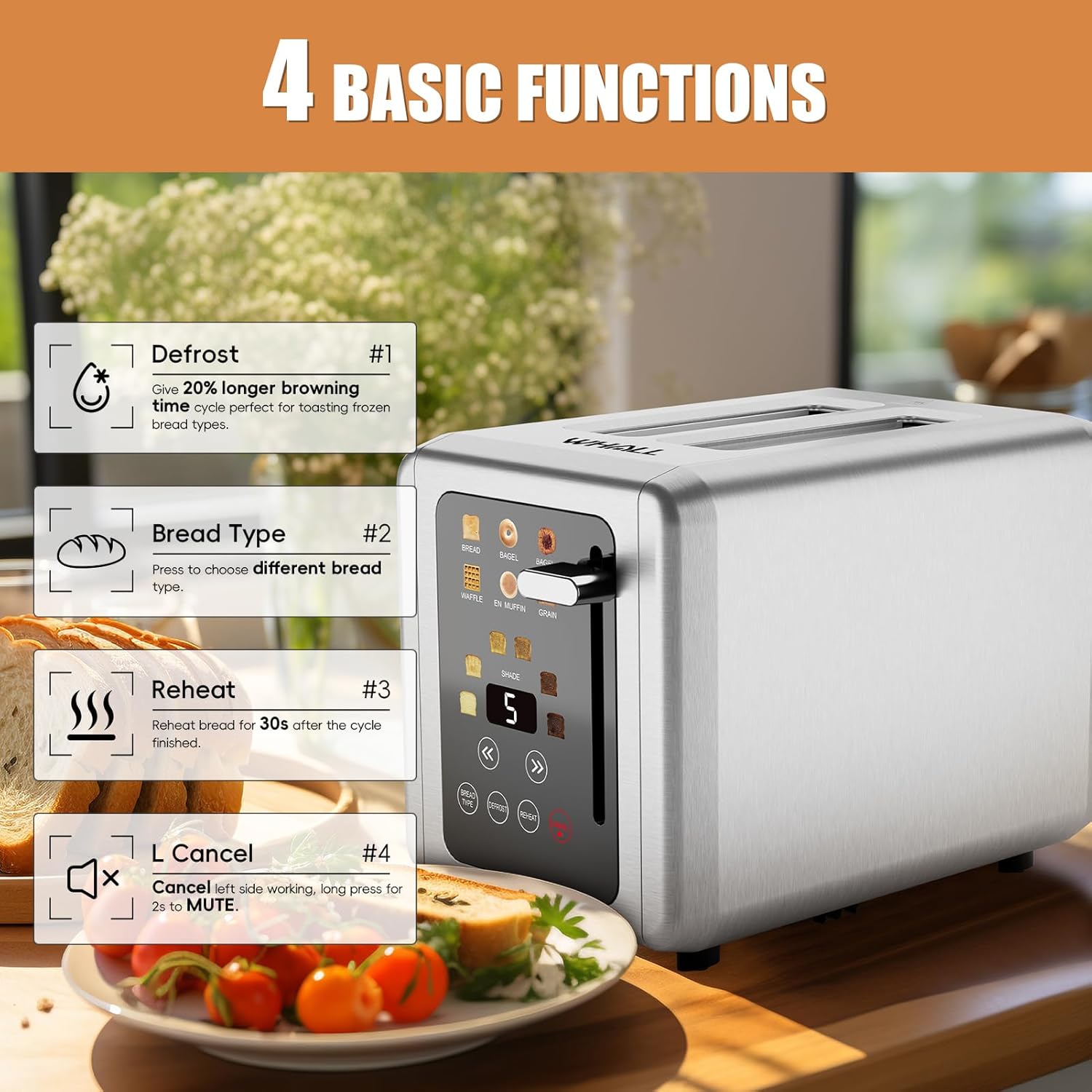Detalle de WHALL Touch Screen Toaster 2-Slice with Timer 🍞