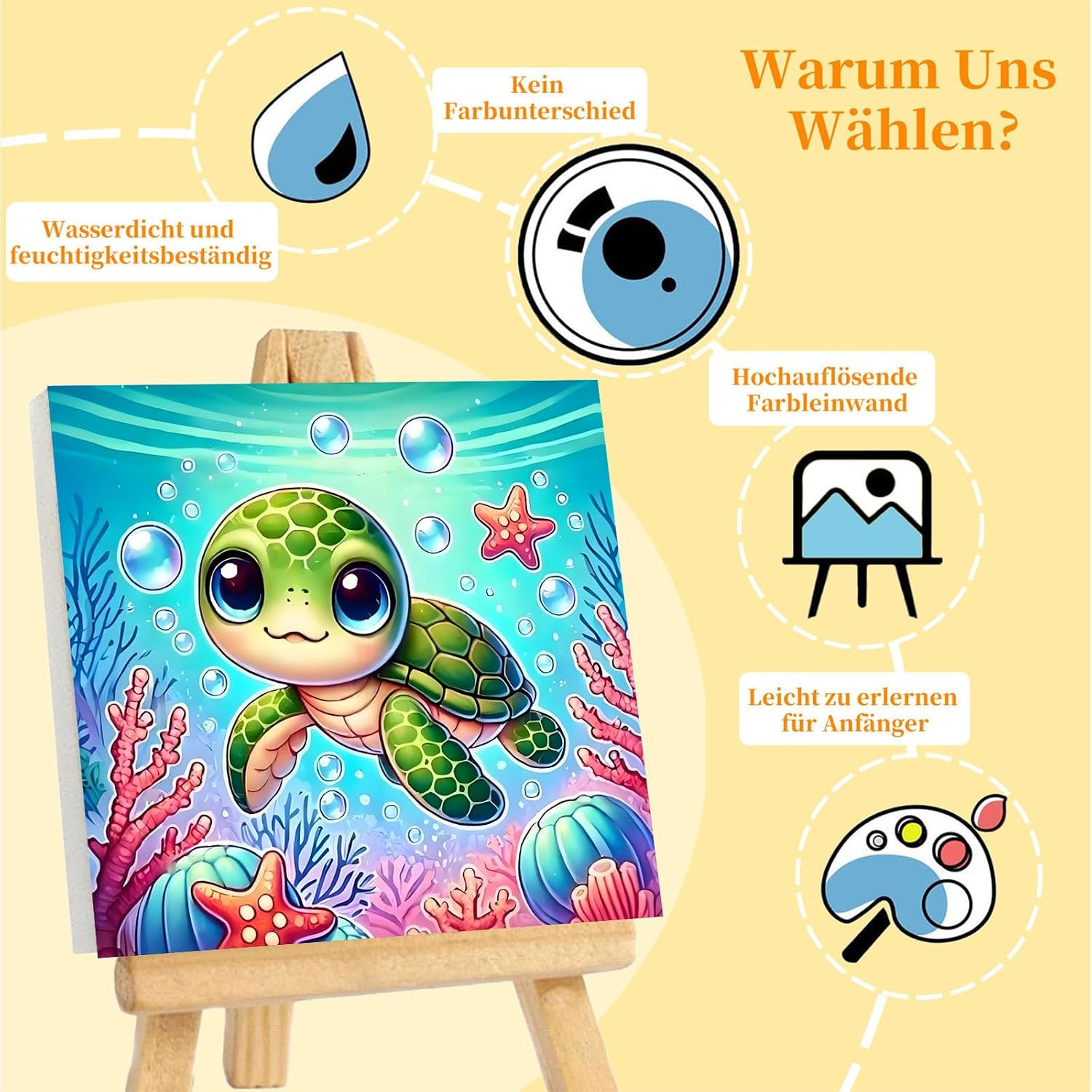 Detalle de Malen nach Zahlen Kinder mit Rahmen und Holzstaffelei – Meeresschildkröte, 20x20 cm