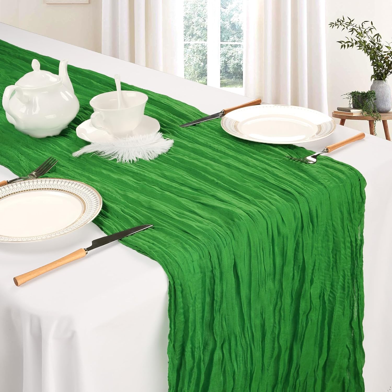 Thumbnail 2 de 12-Pack Green Cheesecloth Table Runner (Boho Gauze), 35 x 120 Inch Rustic Sheer Runner for Parties & Events